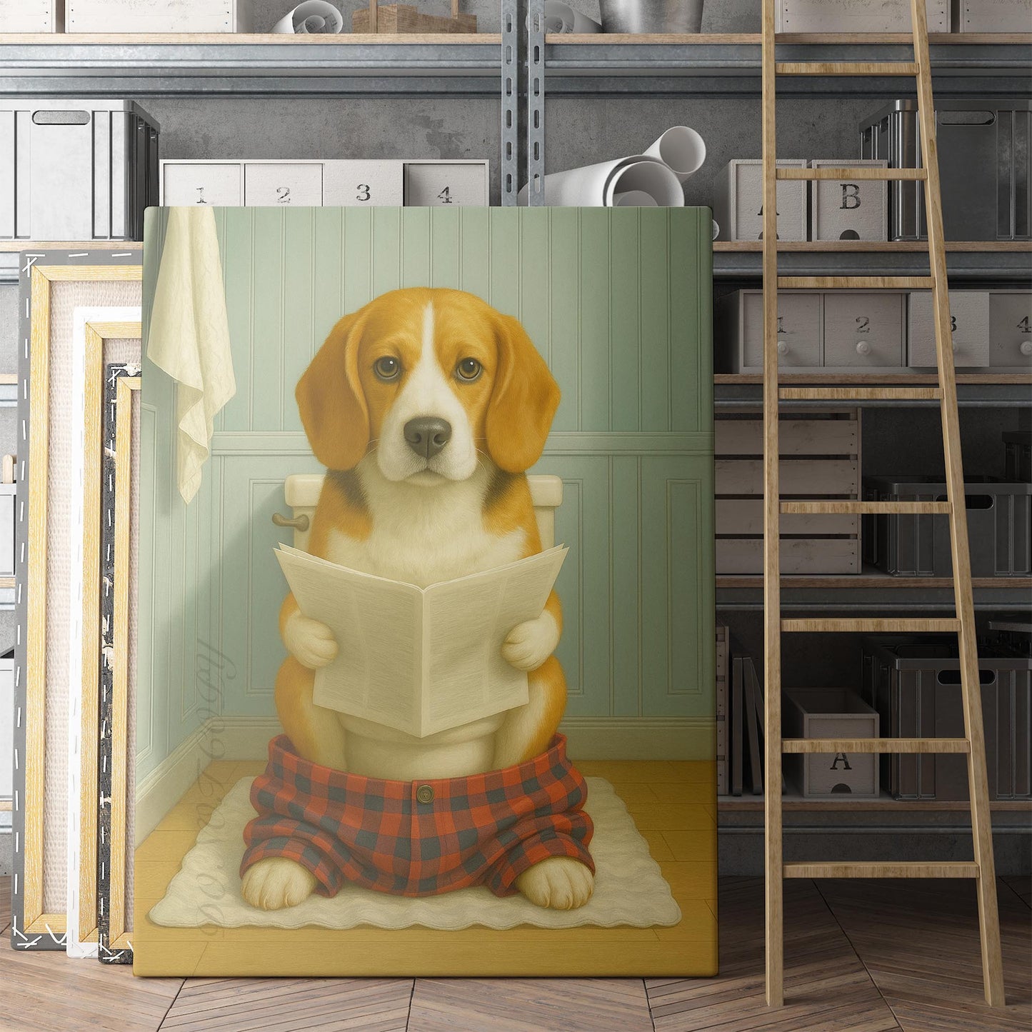 Beagle Dog Reading The Newspaper On The Toilet
