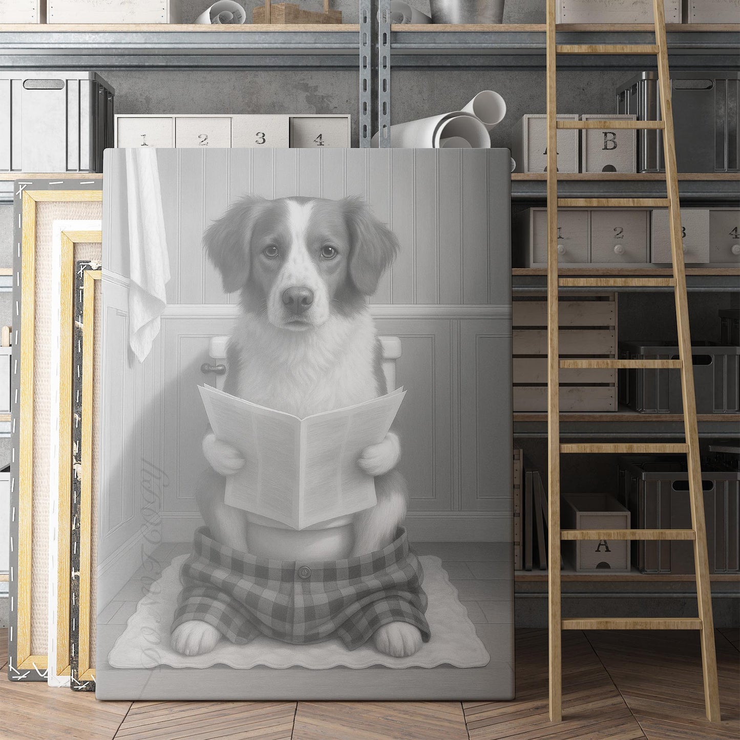 Brittany Dog Reading The Newspaper On The Toilet