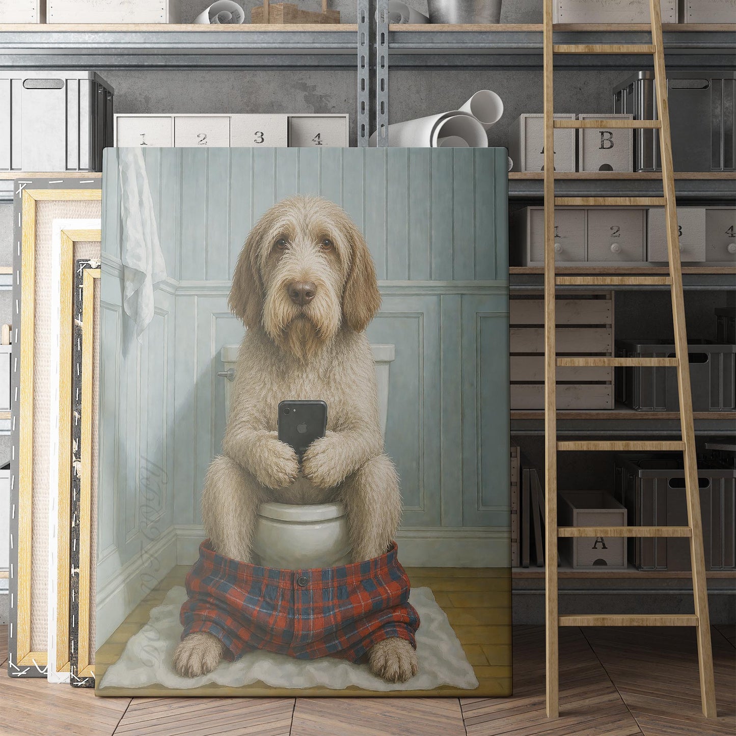 Spinone Italiano Dog On The Phone On The Toilet