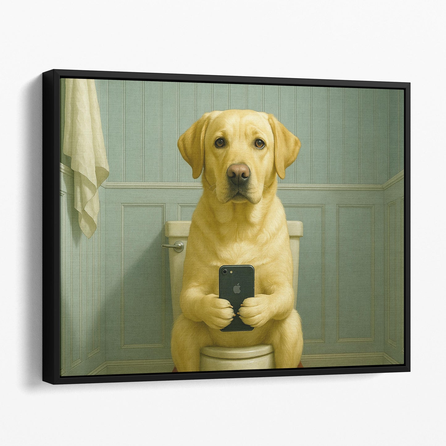 Yellow Labrador Dog On The Phone On The Toilet