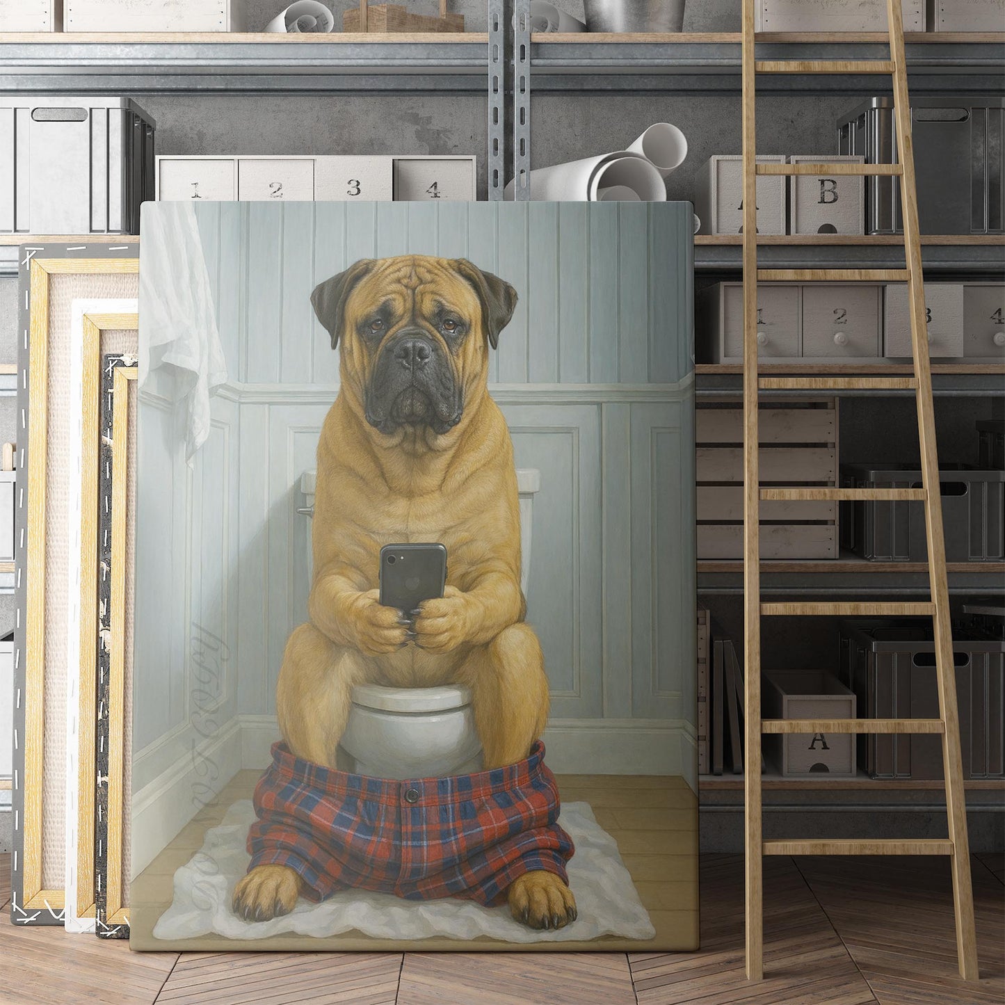 Bullmastiff On The Phone On The Toilet