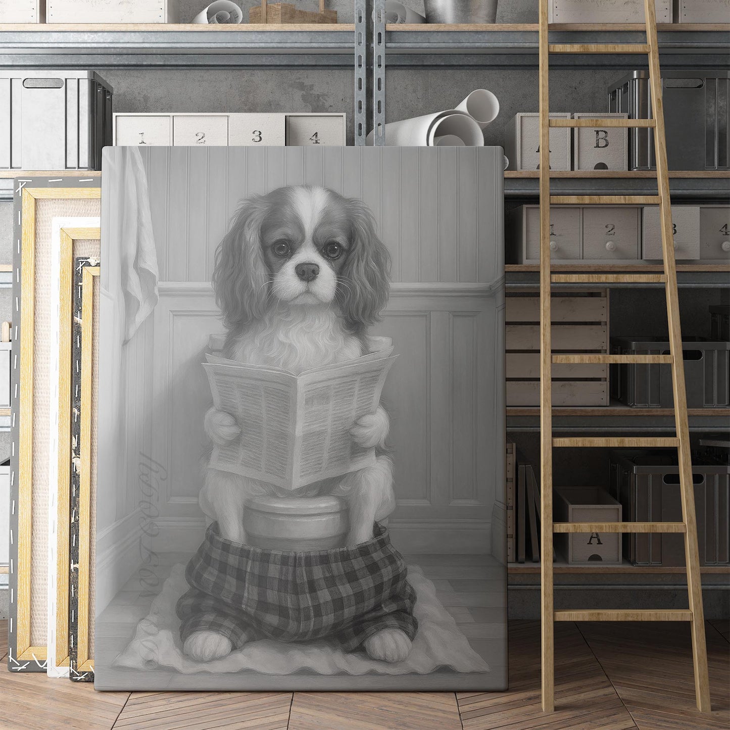 Cavalier King Charles Spaniel Dog Reading The Newspaper On The Toilet