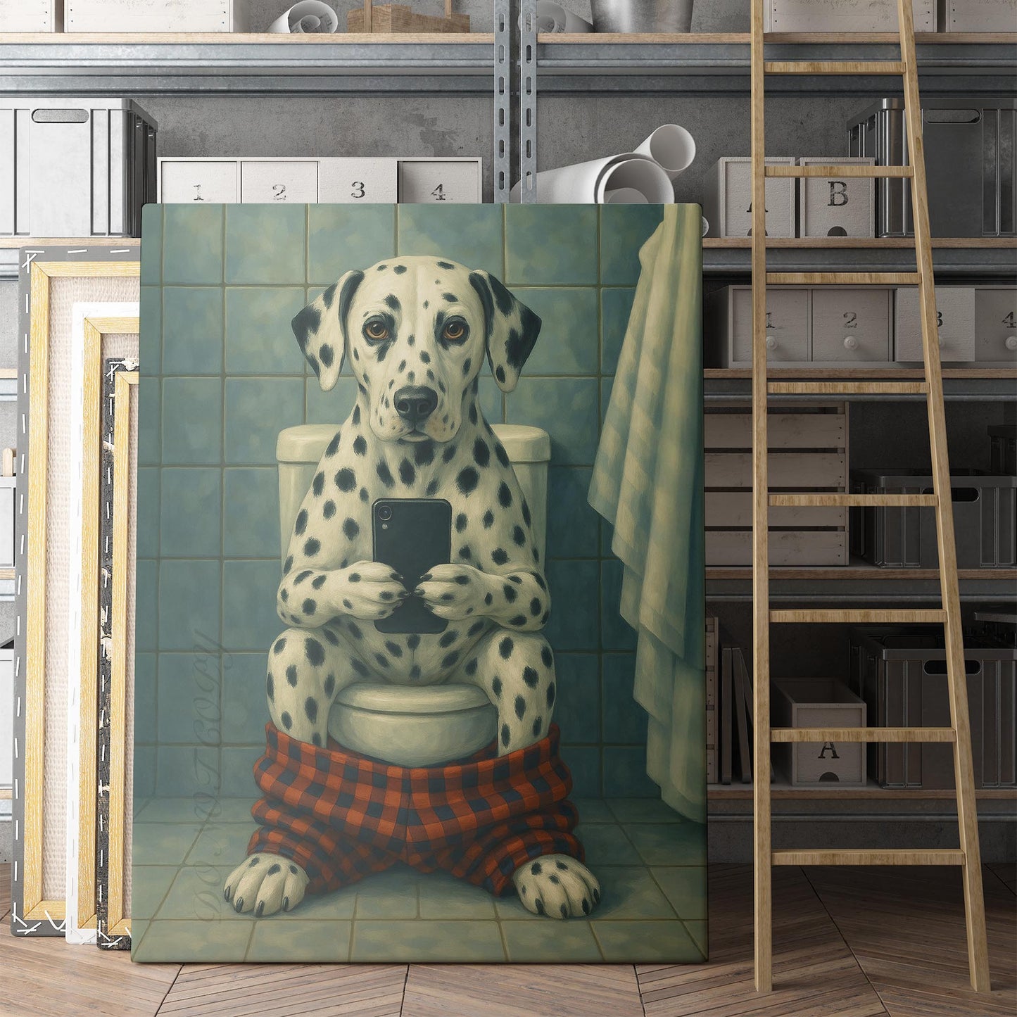 Dalmatian Dog On The Phone On The Toilet