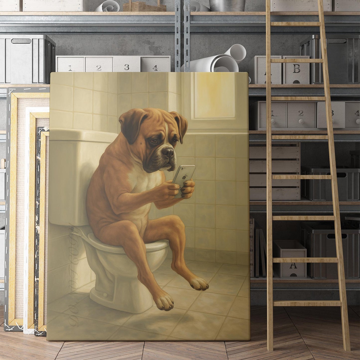 Boxer Dog On The Phone On The Toilet
