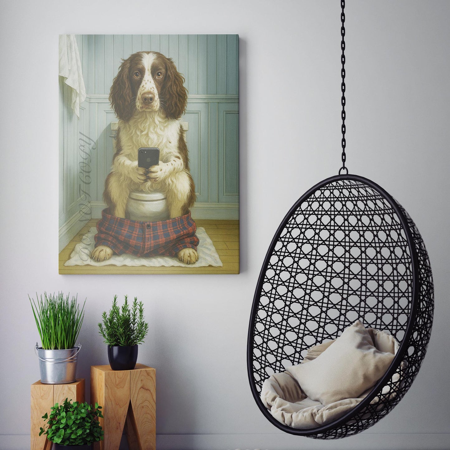 English Springer Spaniel Dog On The Phone On The Toilet