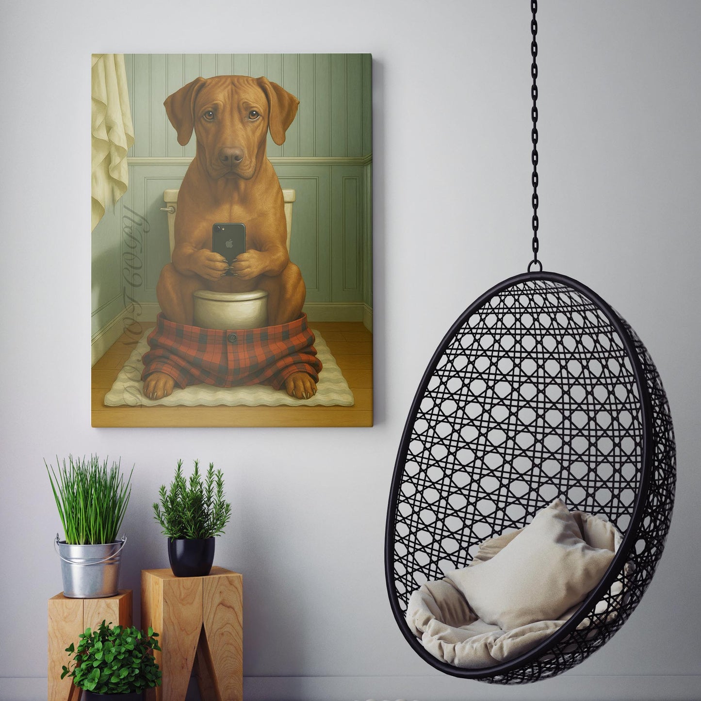 Rhodesian Ridgeback Dog On The Phone On The Toilet