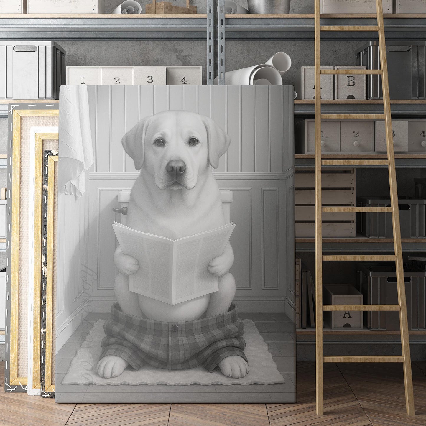 Yellow Labrador Retriever Dog Reading The Newspaper On The Toilet