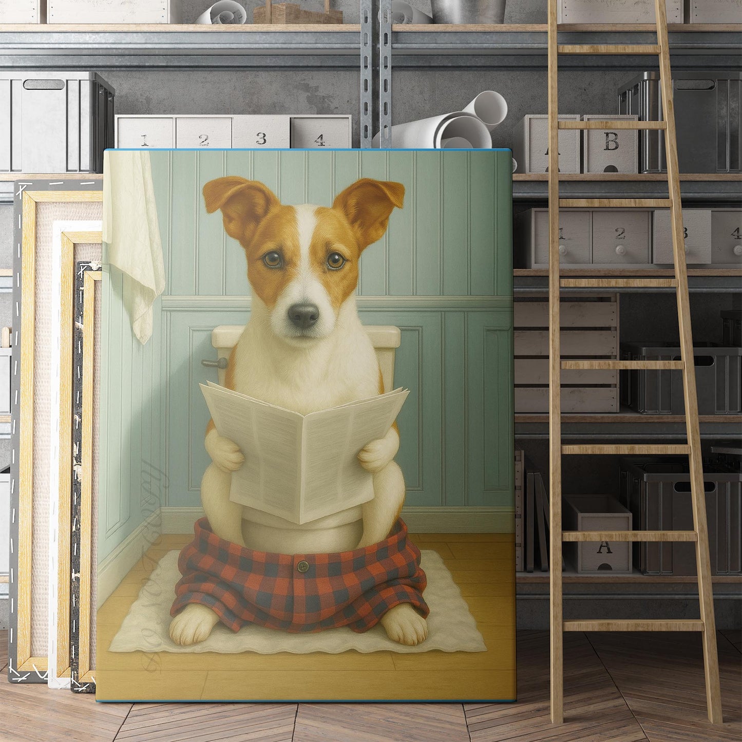 Jack Russell Terrier Dog Reading The Newspaper On The Toilet