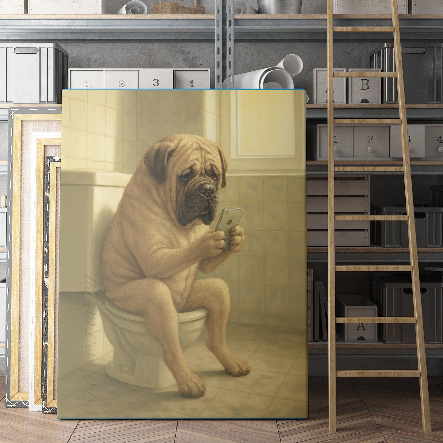 Mastiff Dog On The Phone On The Toilet
