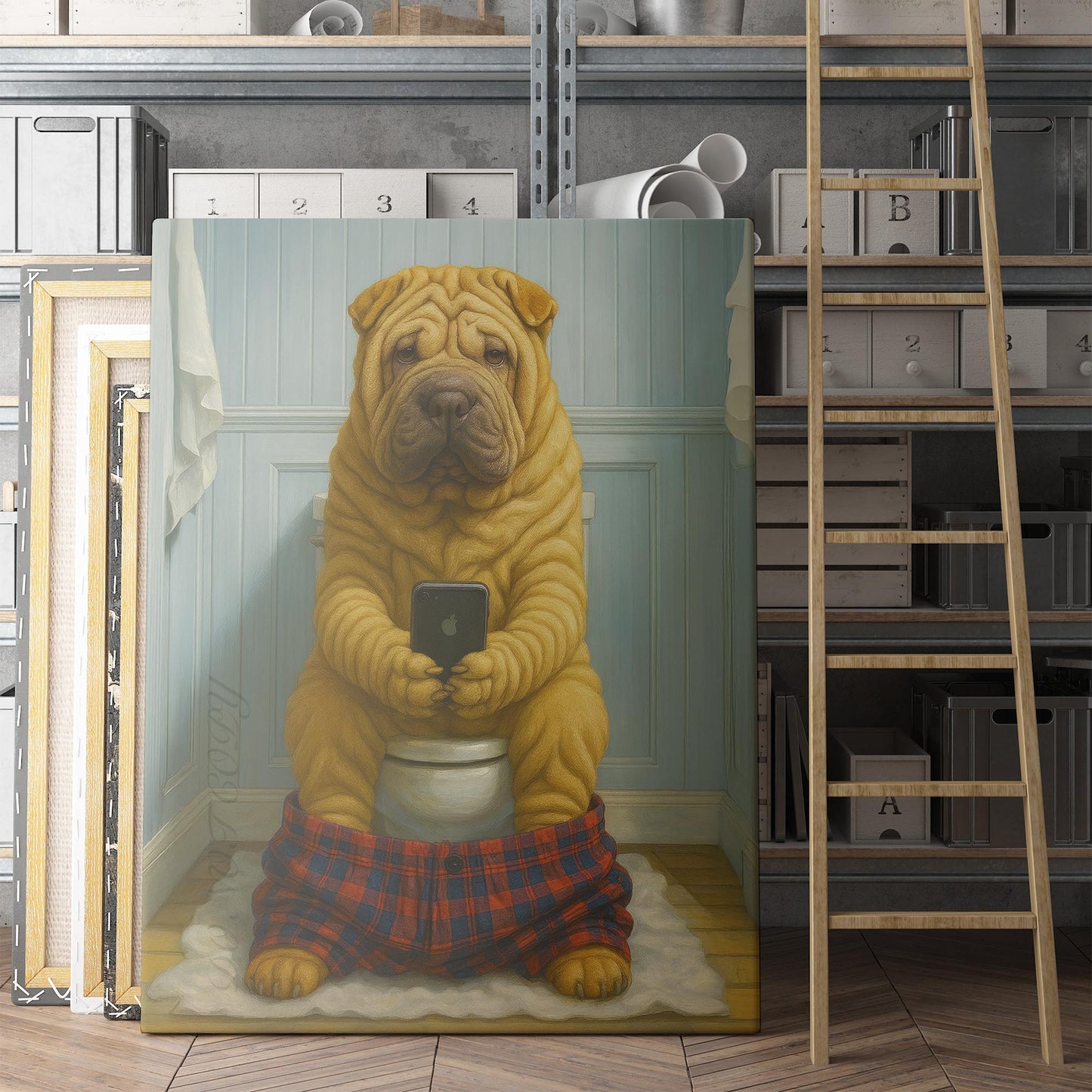 Chinese Shar-Pei Dog On The Phone On The Toilet