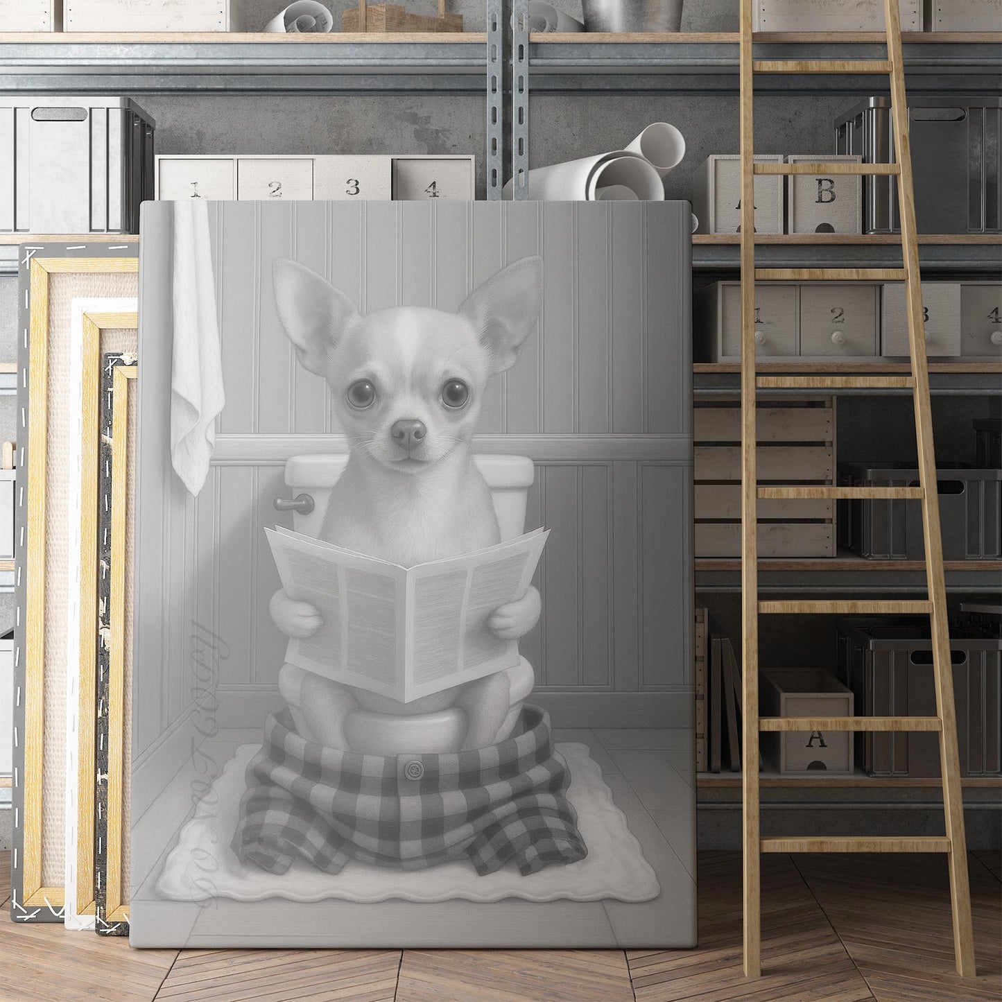 Chihuahua Dog Reading The Newspaper On The Toilet