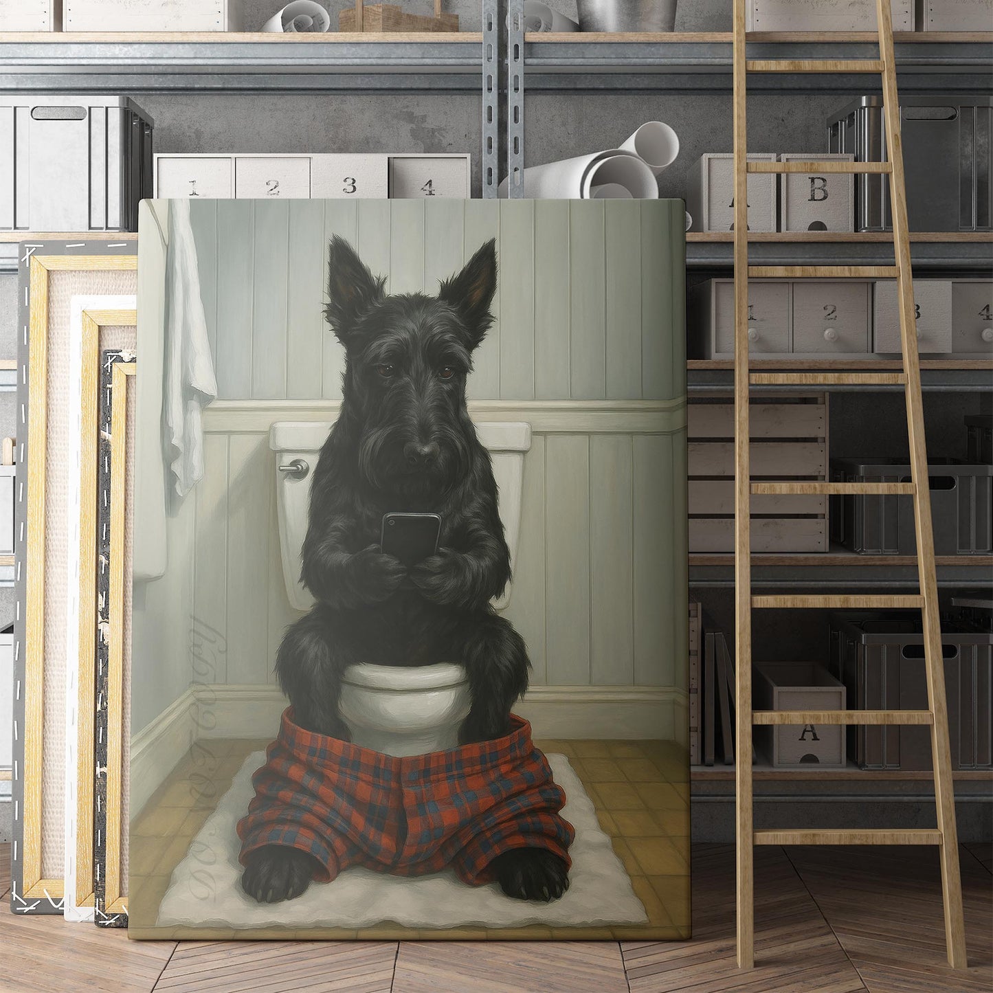 Scottish Terrier Dog On The Phone On The Toilet