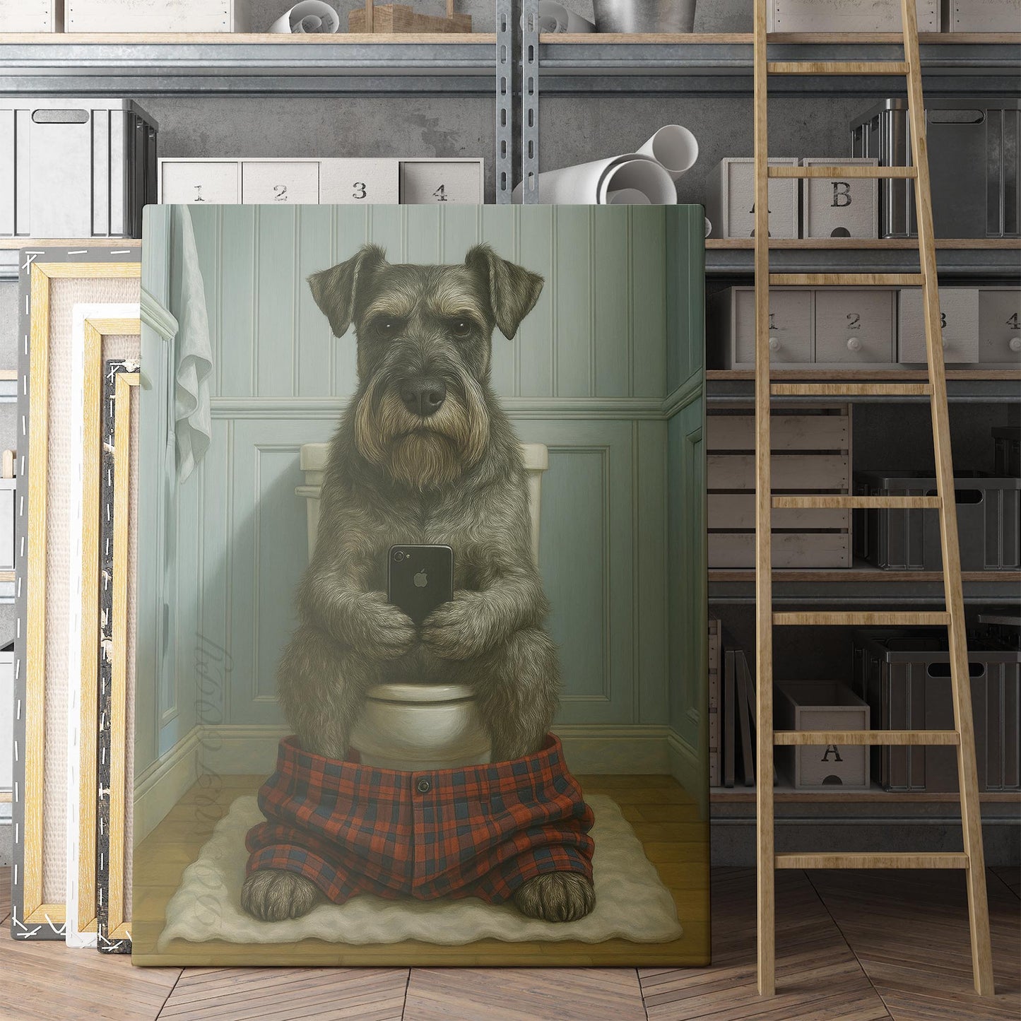 Standard Schnauzer Dog On The Phone On The Toilet