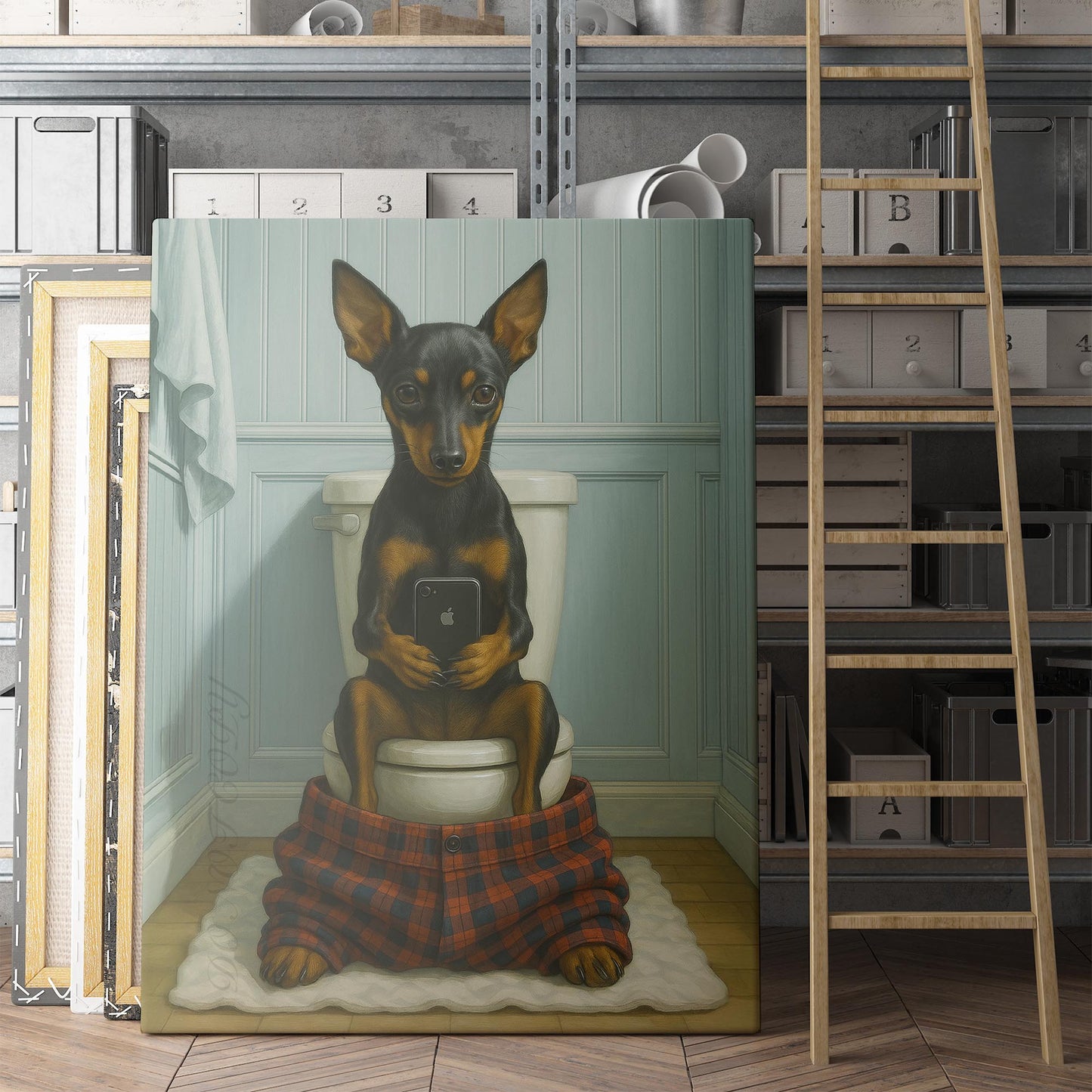 Miniature Pinscher Dog On The Phone On The Toilet