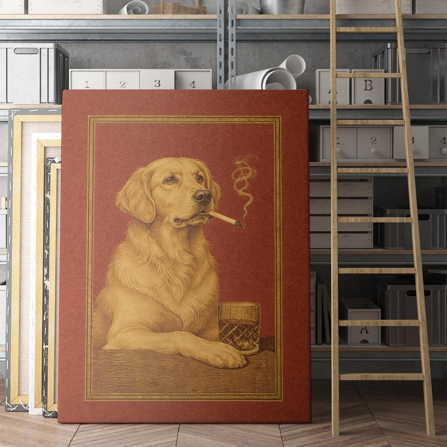 Golden Retriever Dog Drink and a Cigarette