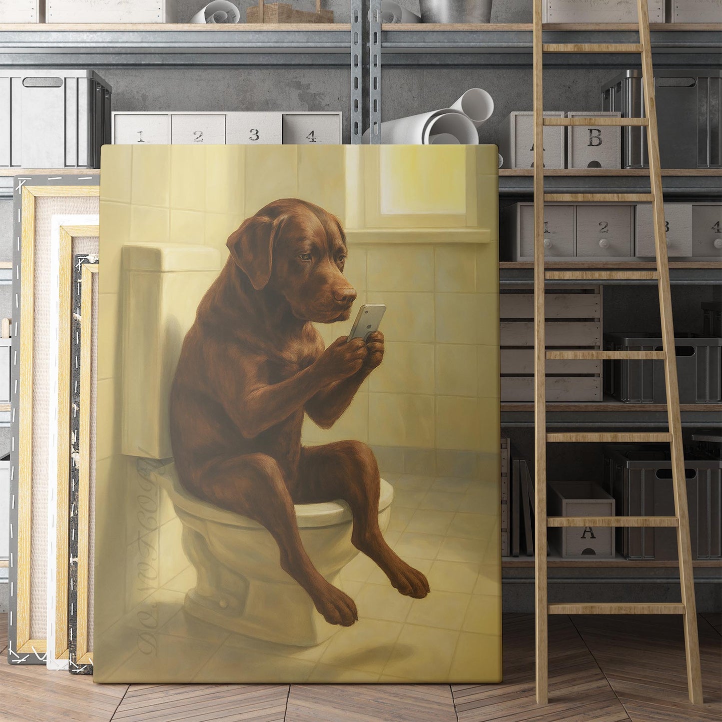 Chocolate Lab Dog On The Phone On The Toilet