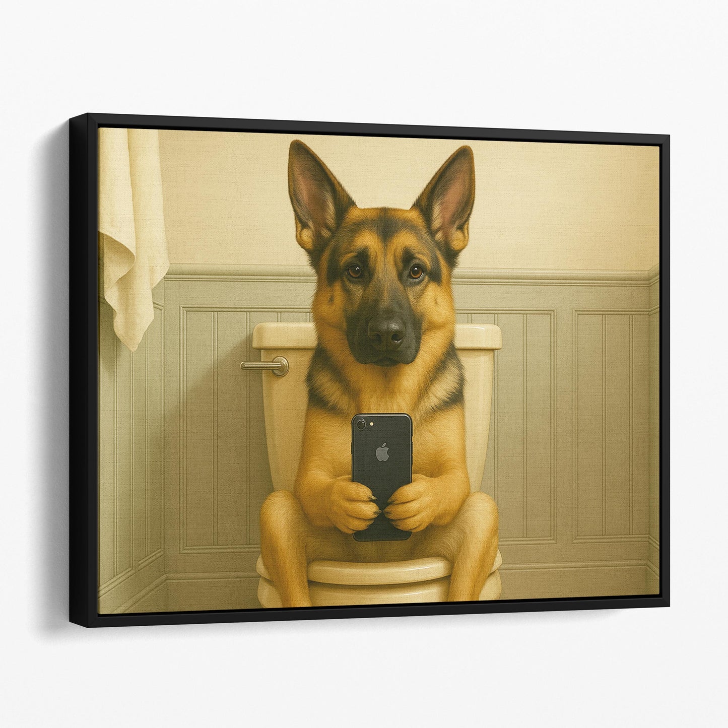 German Shepherd Dog On The Phone On The Toilet