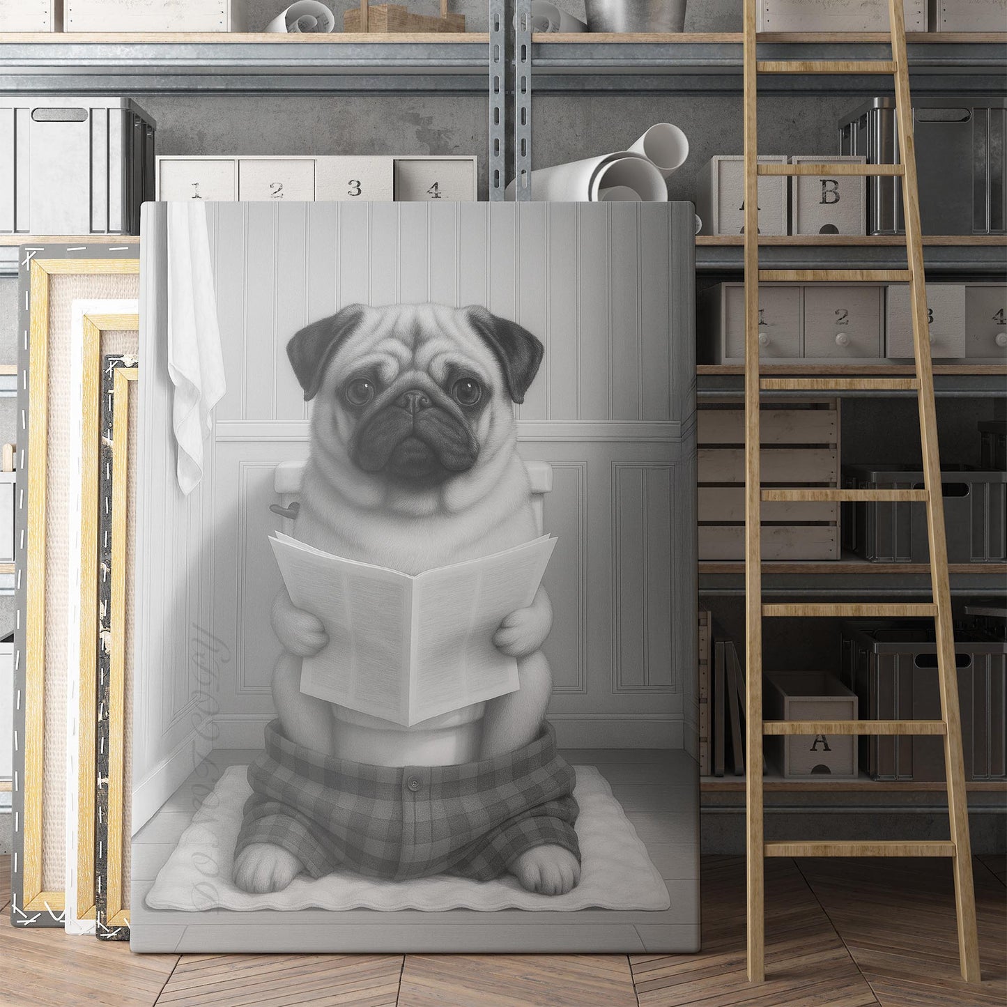 Pug Dog Reading The Newspaper On The Toilet