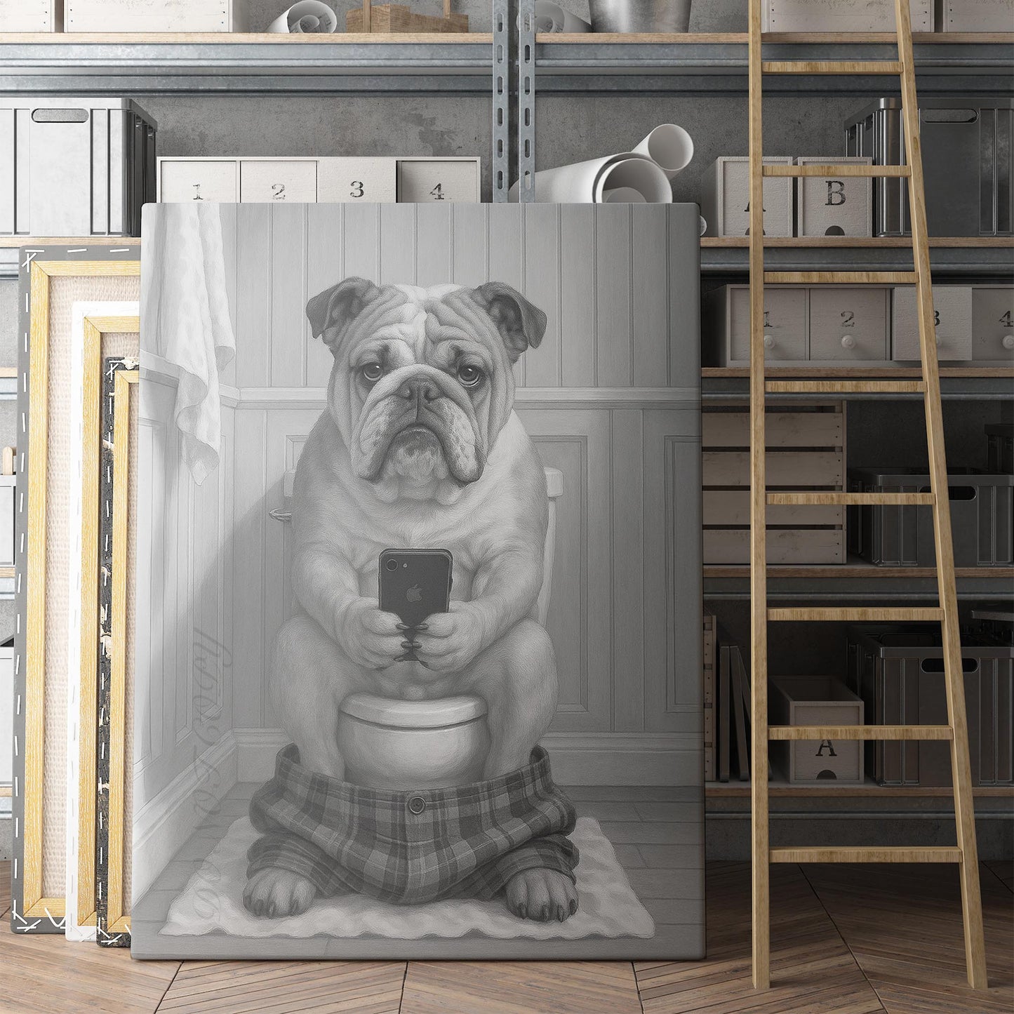 Bulldog On The Phone On The Toilet