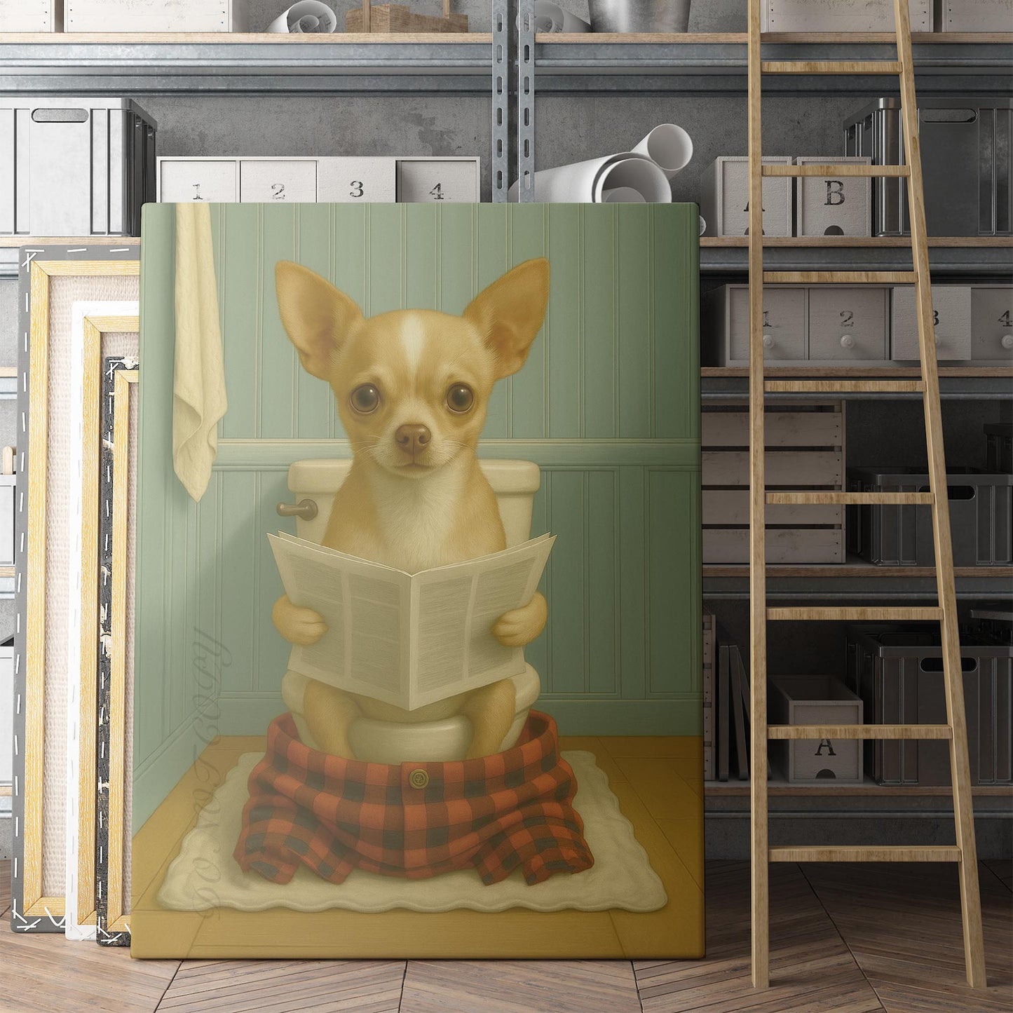 Chihuahua Dog Reading The Newspaper On The Toilet