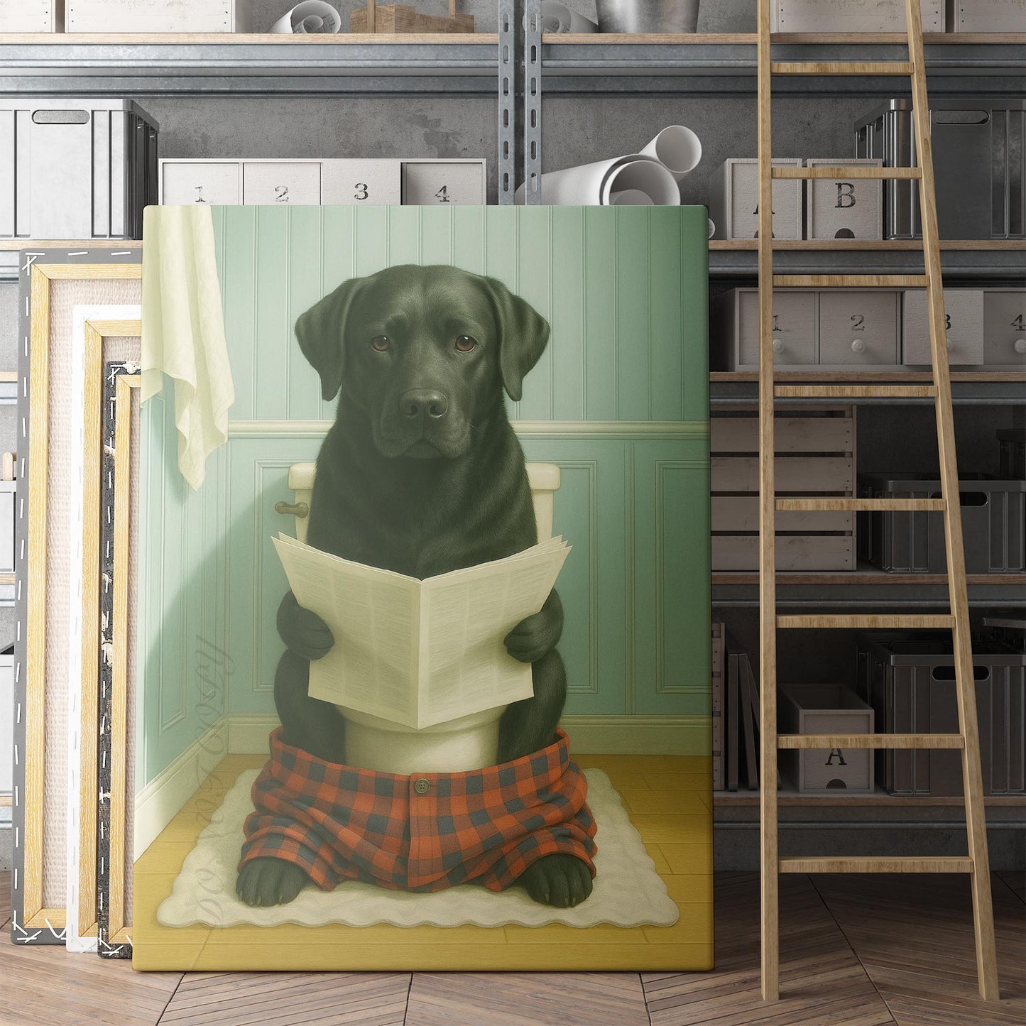 Black Labrador Retriever Dog Reading The Newspaper On The Toilet