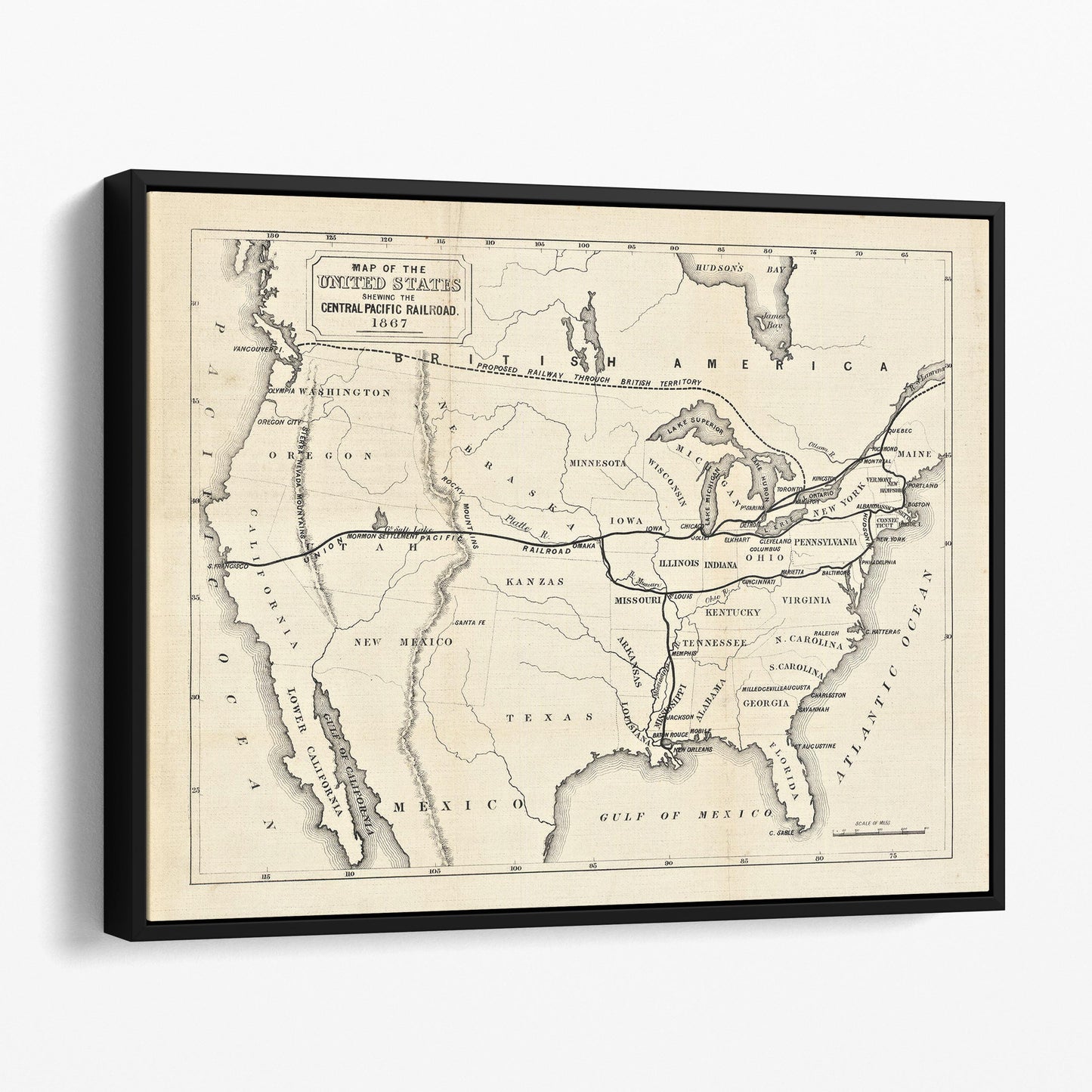 Map of the United States 1867 Central Pacific Railroad