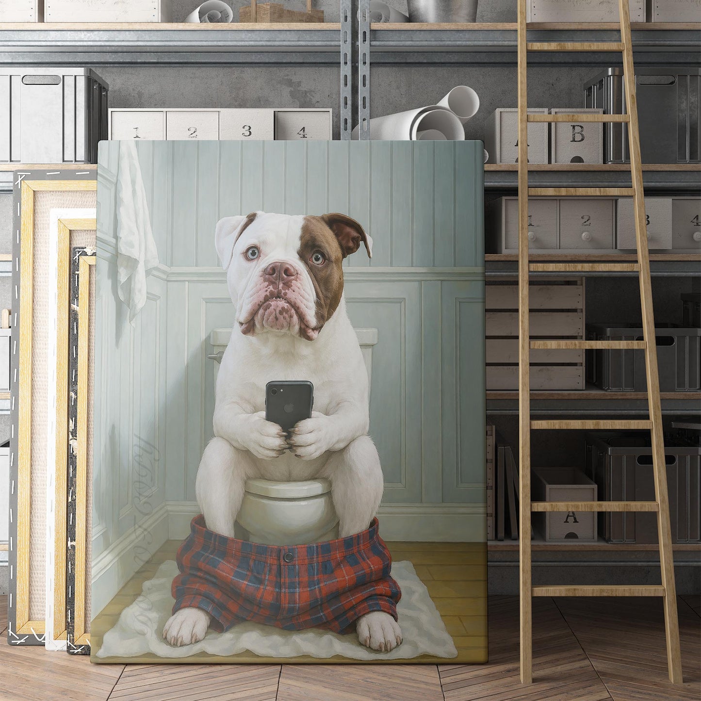 American Pitbull Dog On The Phone On The Toilet