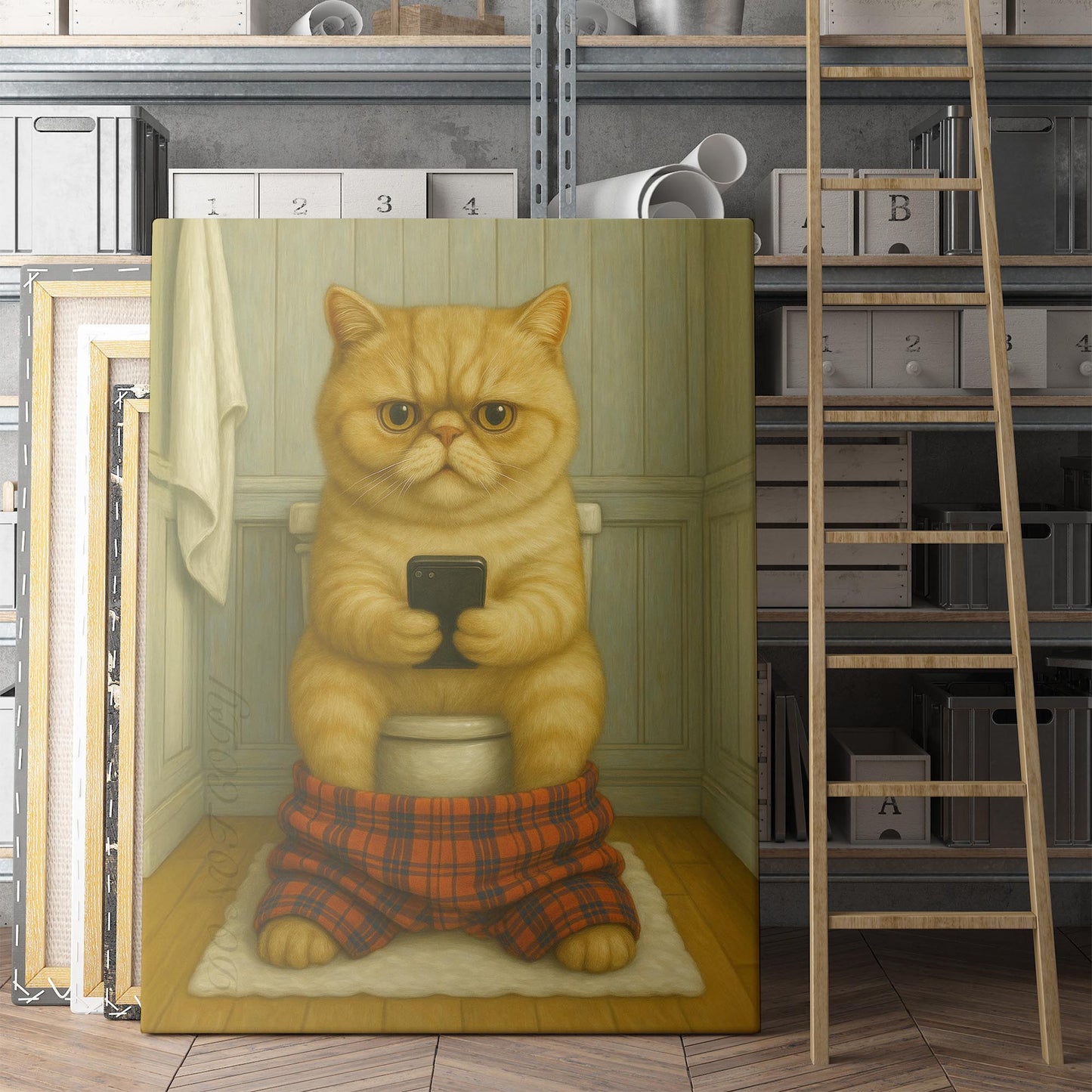 Exotic Shorthair Cat On The Phone On The Toilet
