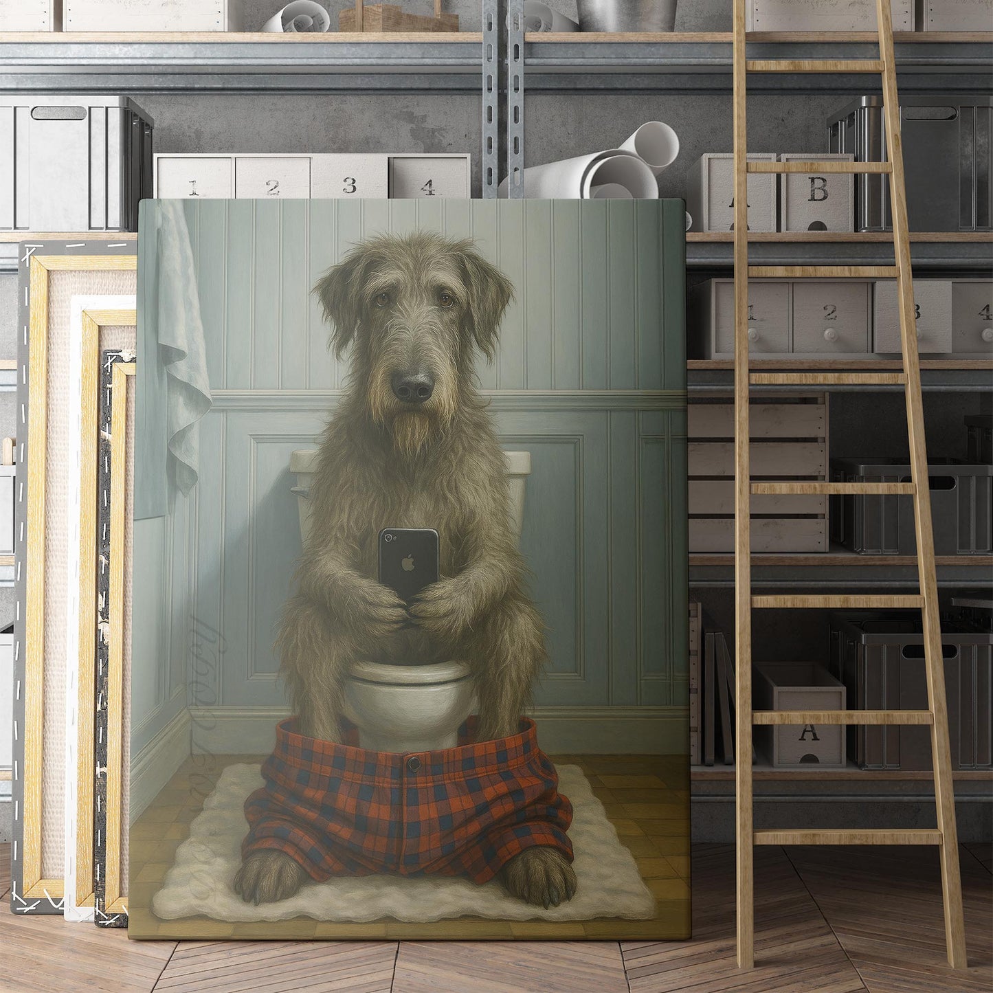 Irish Wolfhound Dog On The Phone On The Toilet