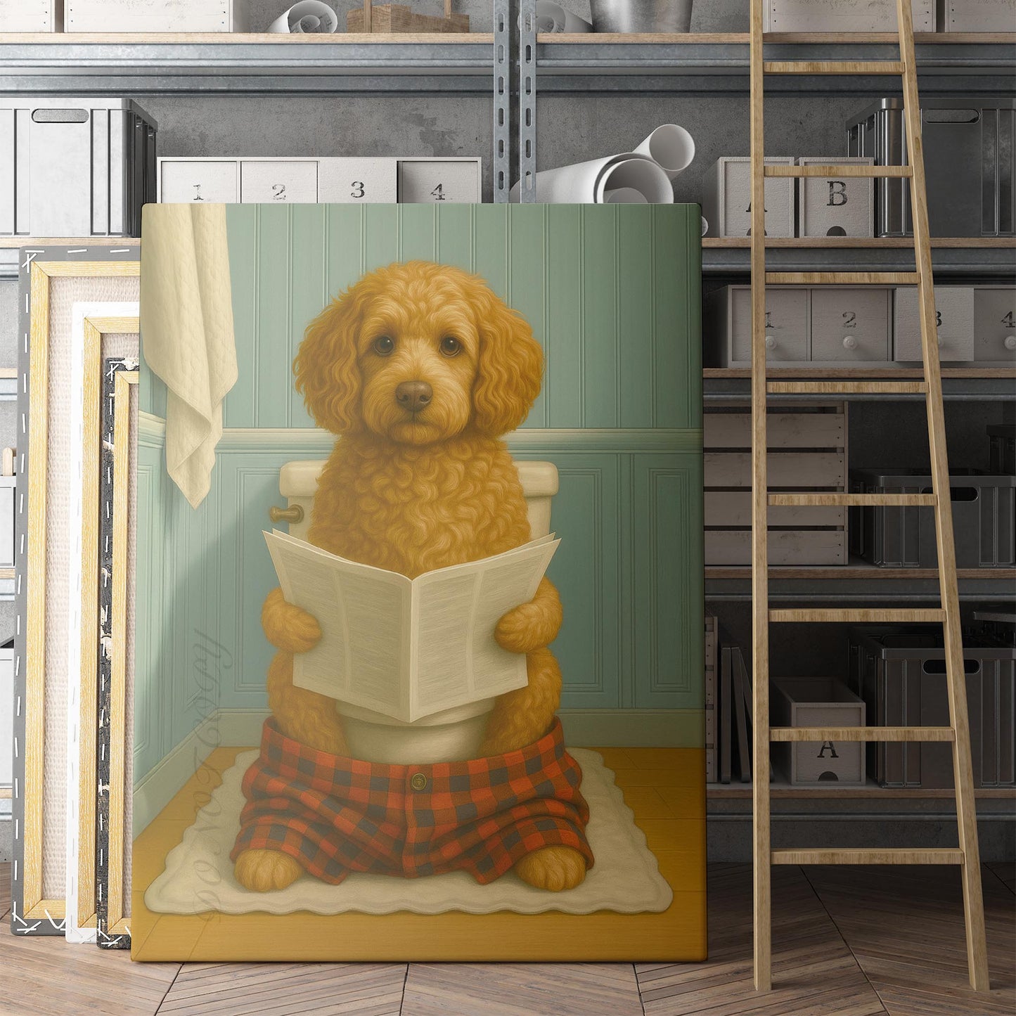 Cockapoo Dog Reading The Newspaper On The Toilet