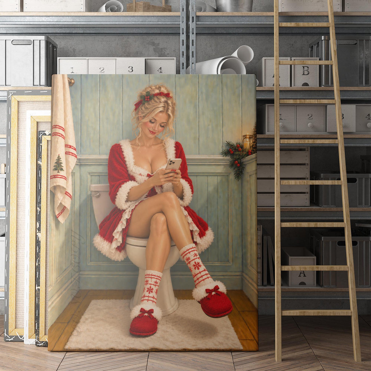 Young Mrs. Claus On The Phone On The Toilet