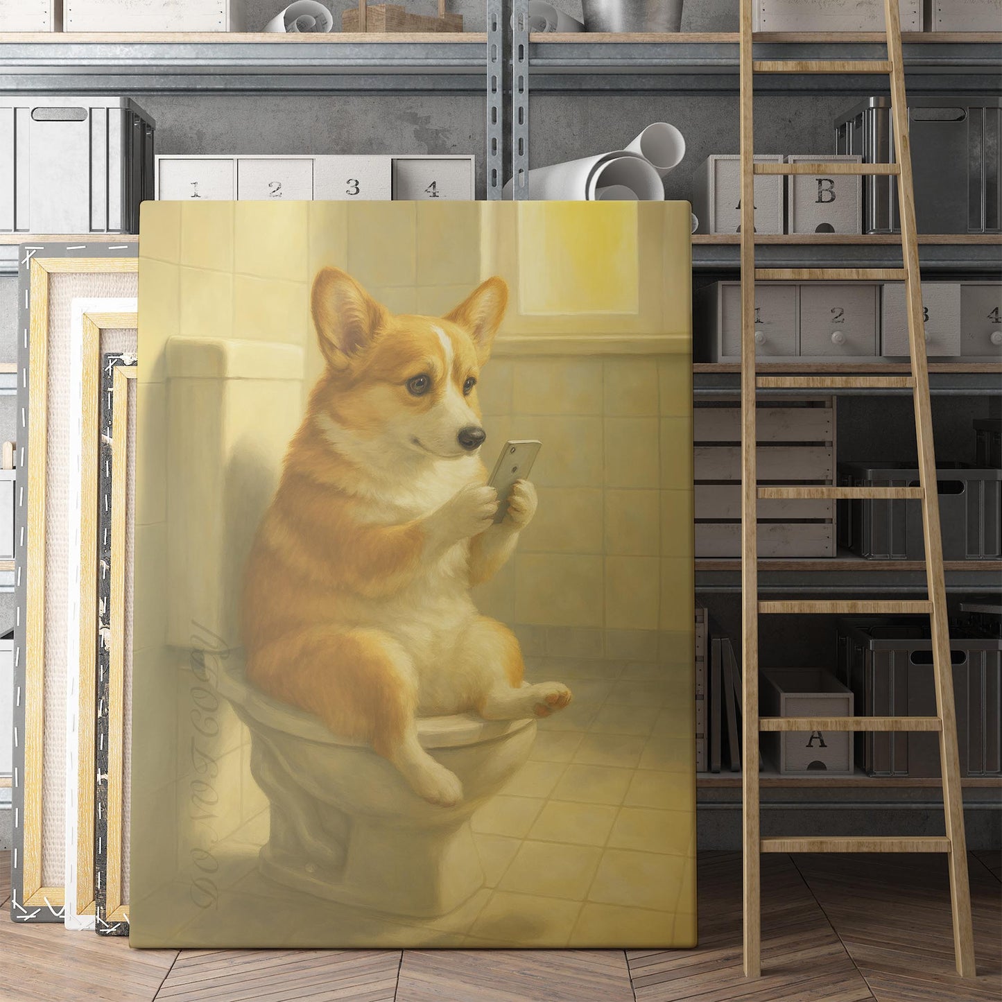 Corgi Dog On The Phone On The Toilet
