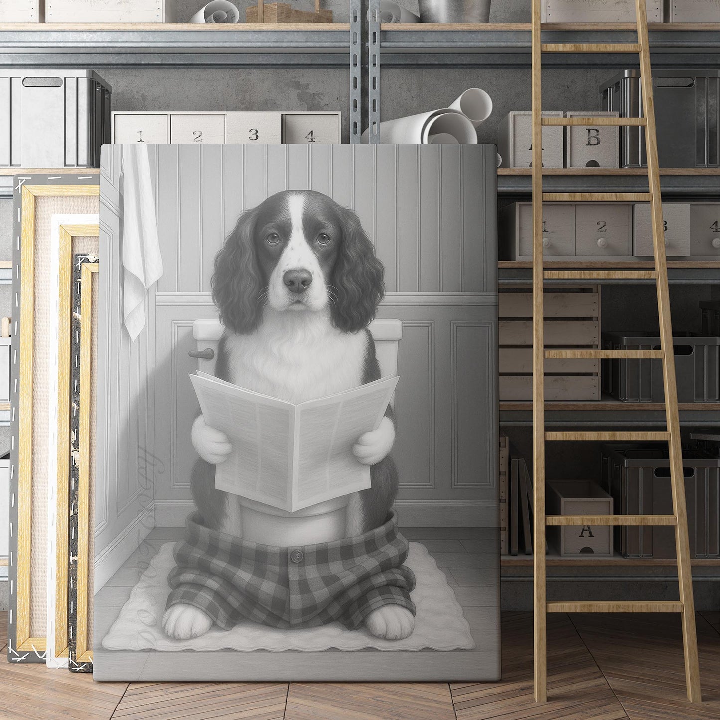 English Springer Spaniel Dog Reading The Newspaper On The Toilet