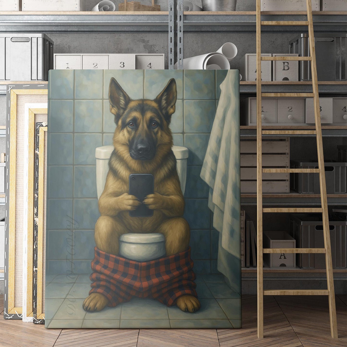 German Shepherd On The Phone On The Toilet