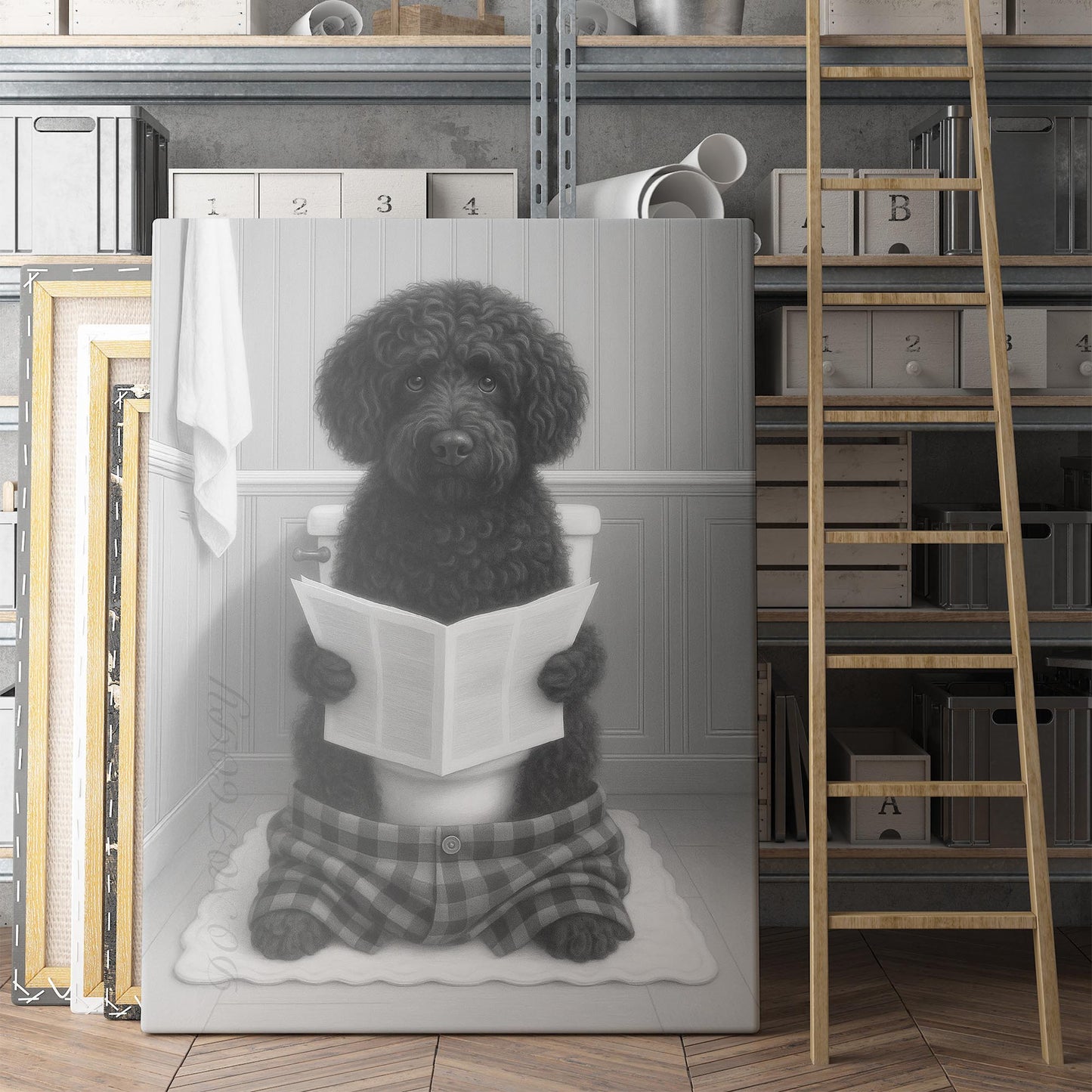 Portuguese Water Dog Reading The Newspaper On The Toilet