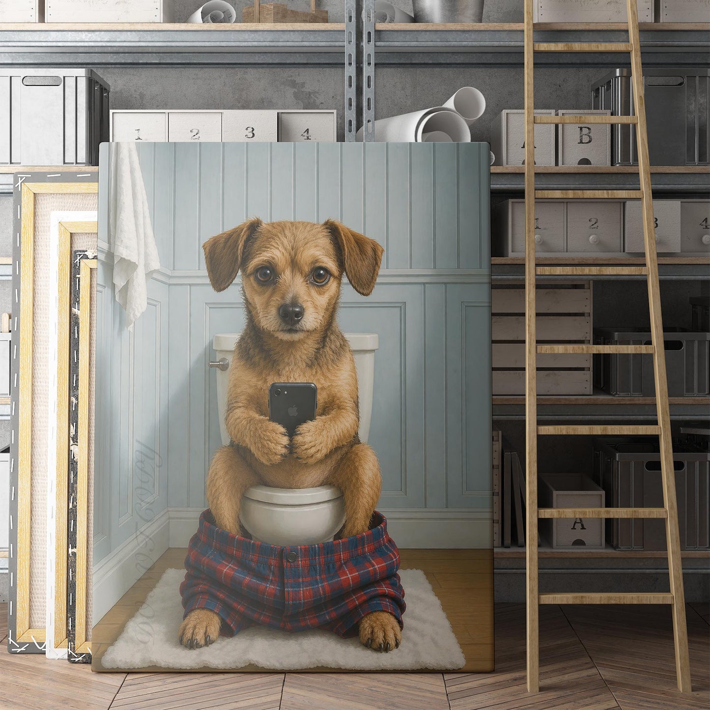Chiweenie Dog On The Phone On The Toilet