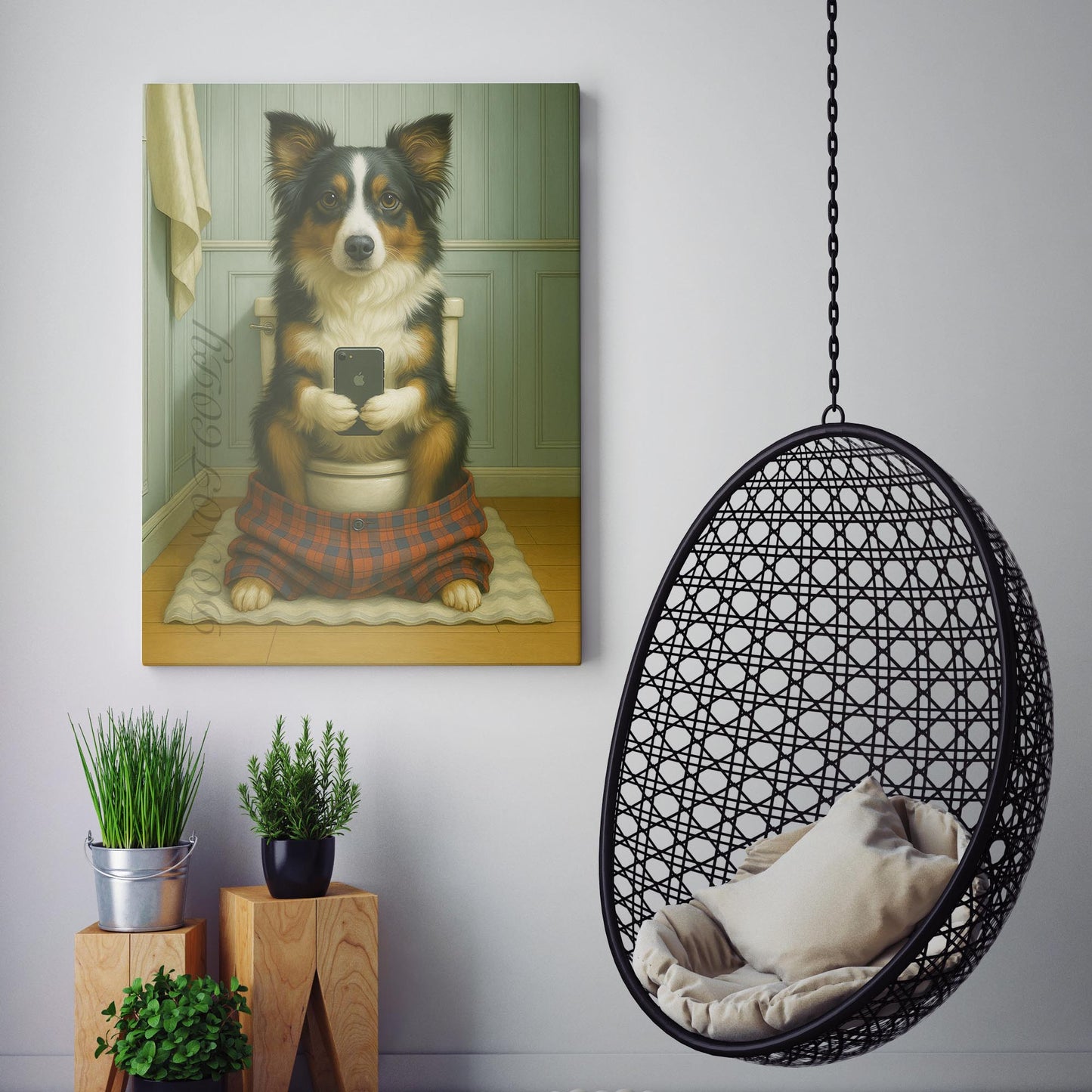 Miniature American Shepherd Dog On The Phone On The Toilet