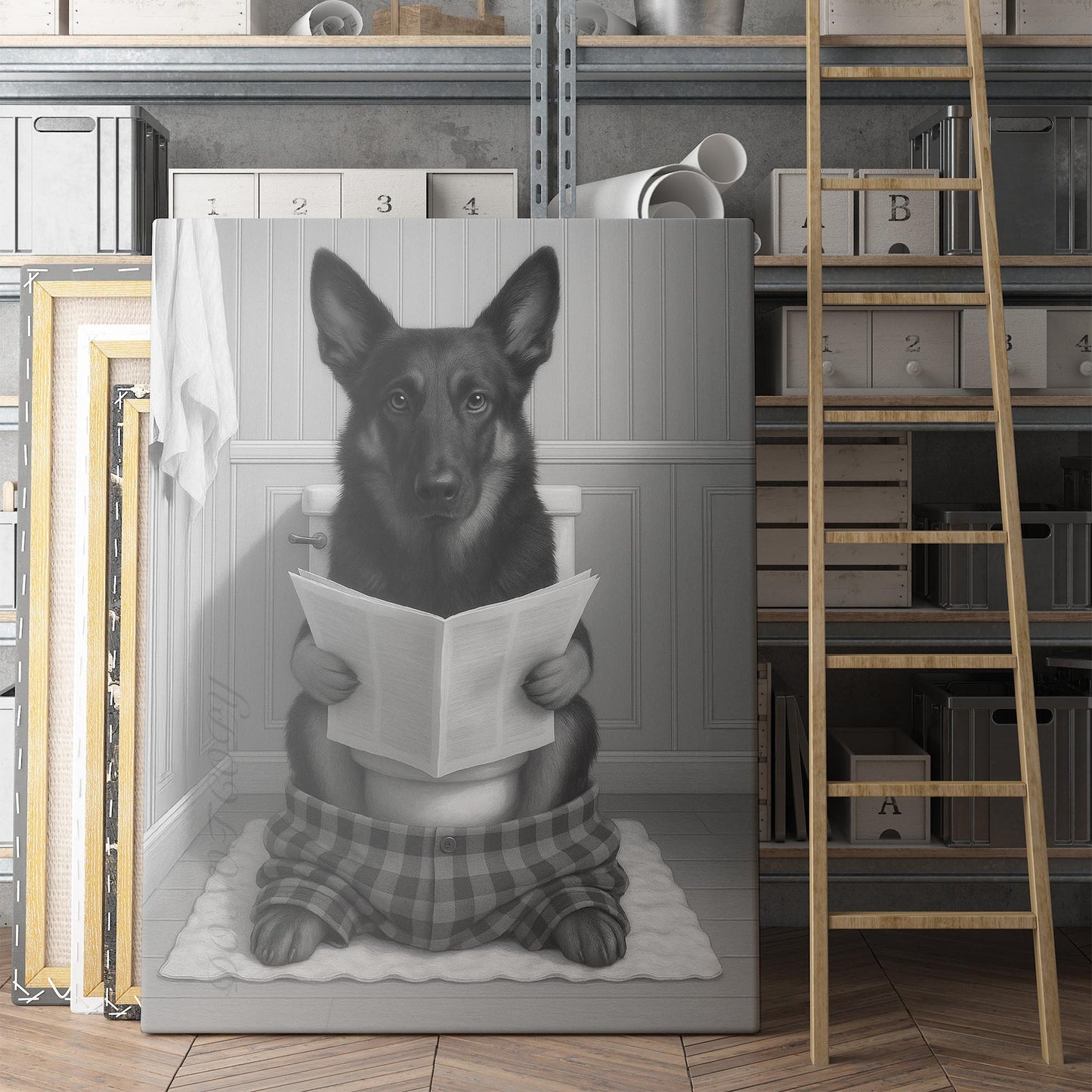 Belgian Shepherd Dog Reading The Newspaper On The Toilet
