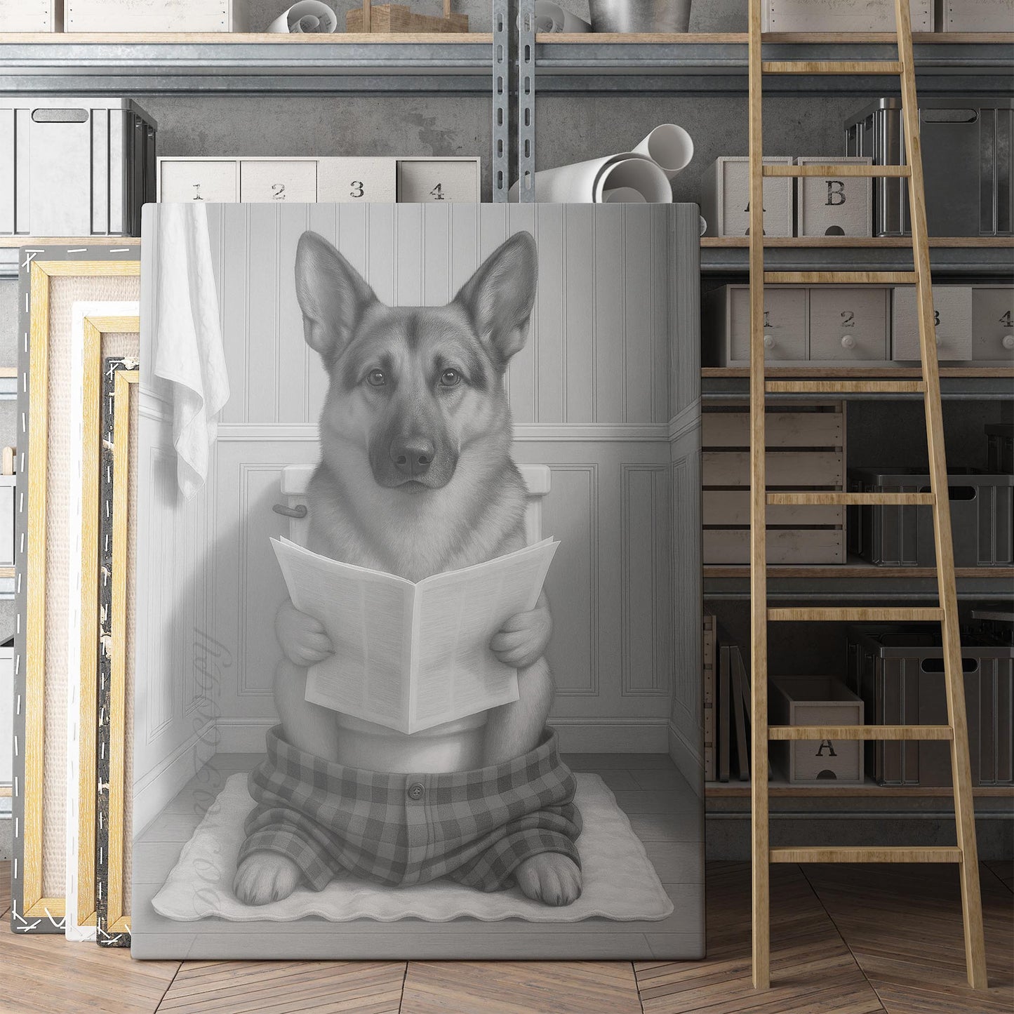 German Shepherd Dog Reading The Newspaper On The Toilet
