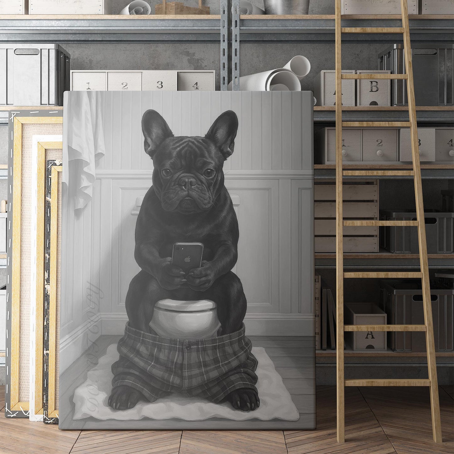 French Bulldog On The Phone On The Toilet