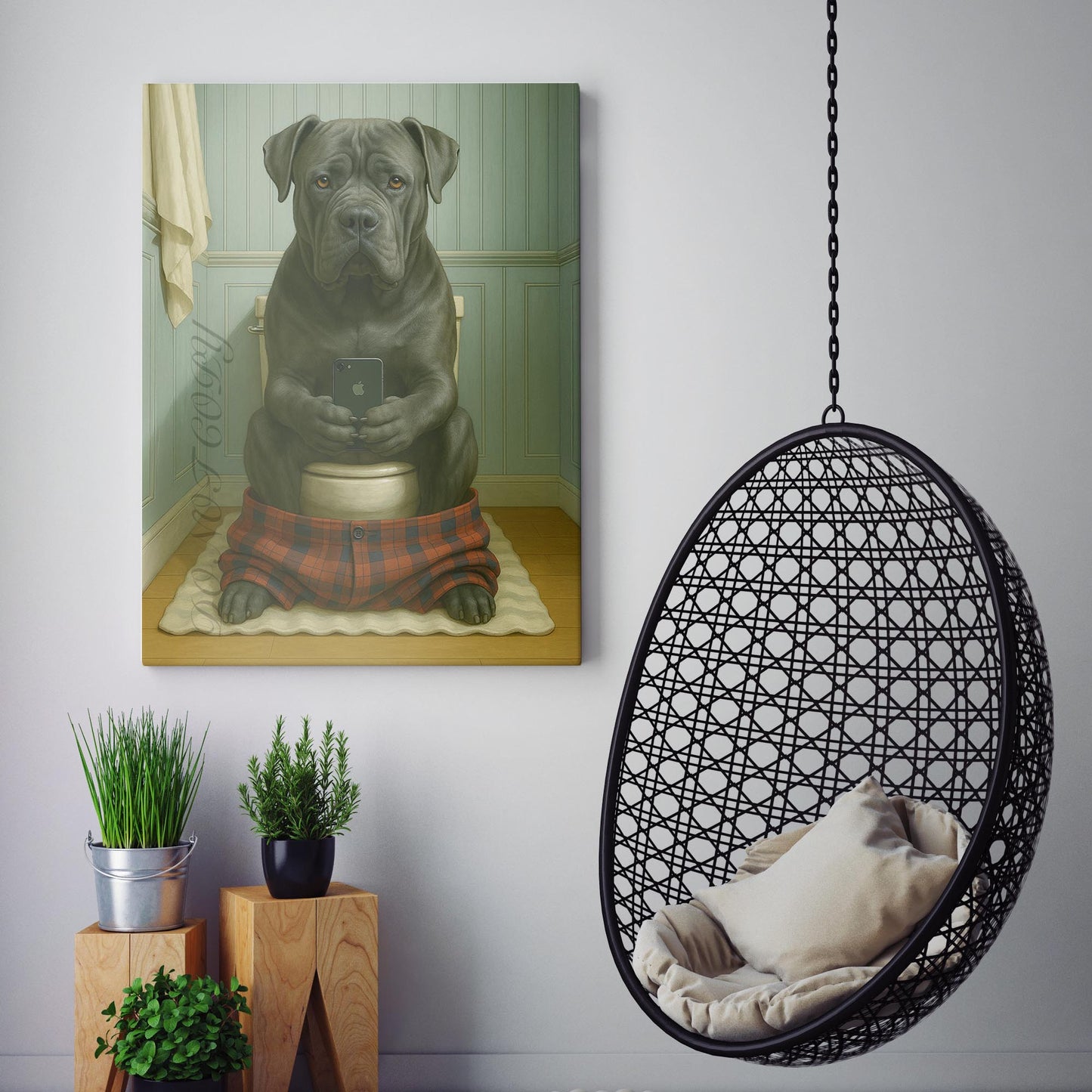 Cane Corso Dog On The Phone On The Toilet