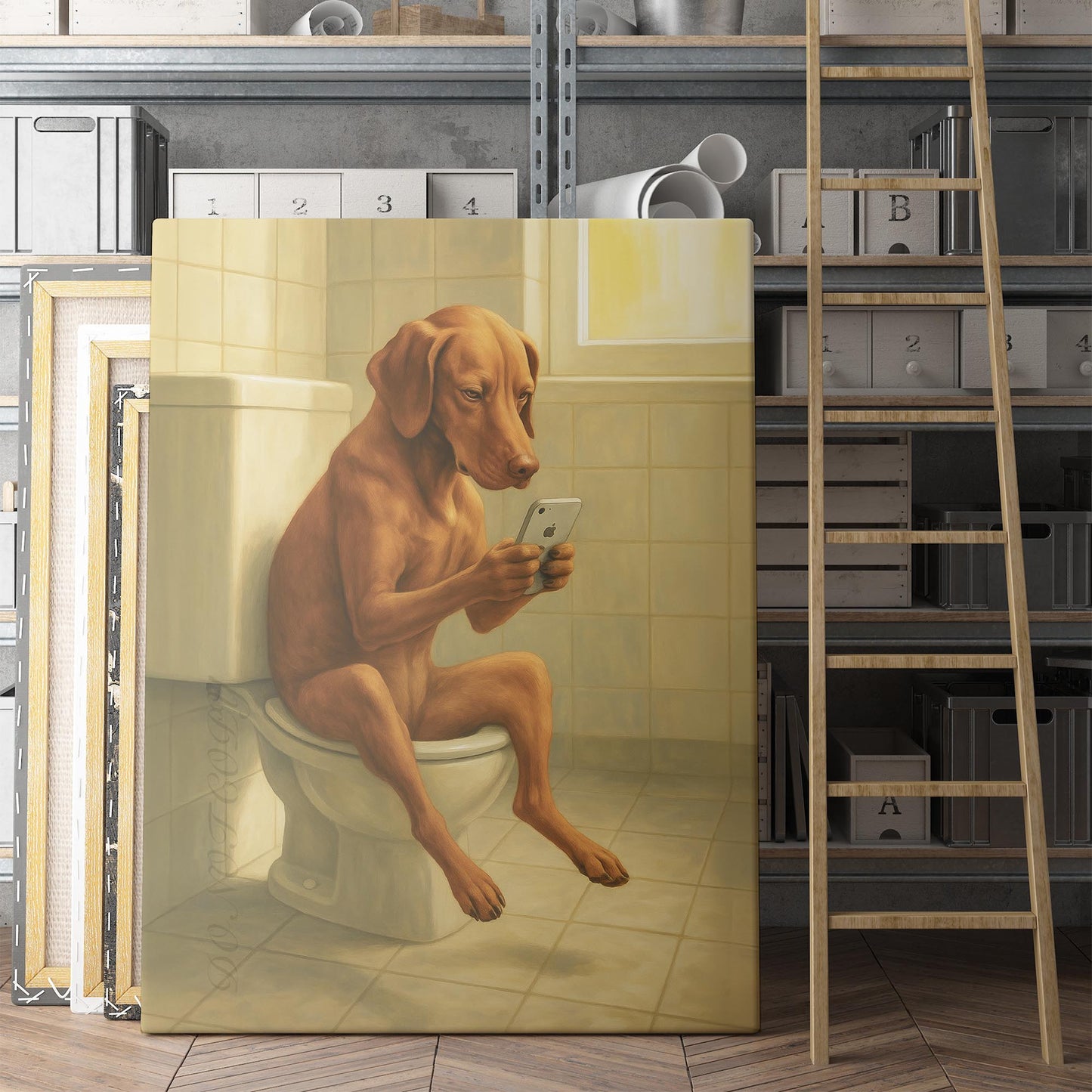 Vizsla Dog On The Phone On The Toilet