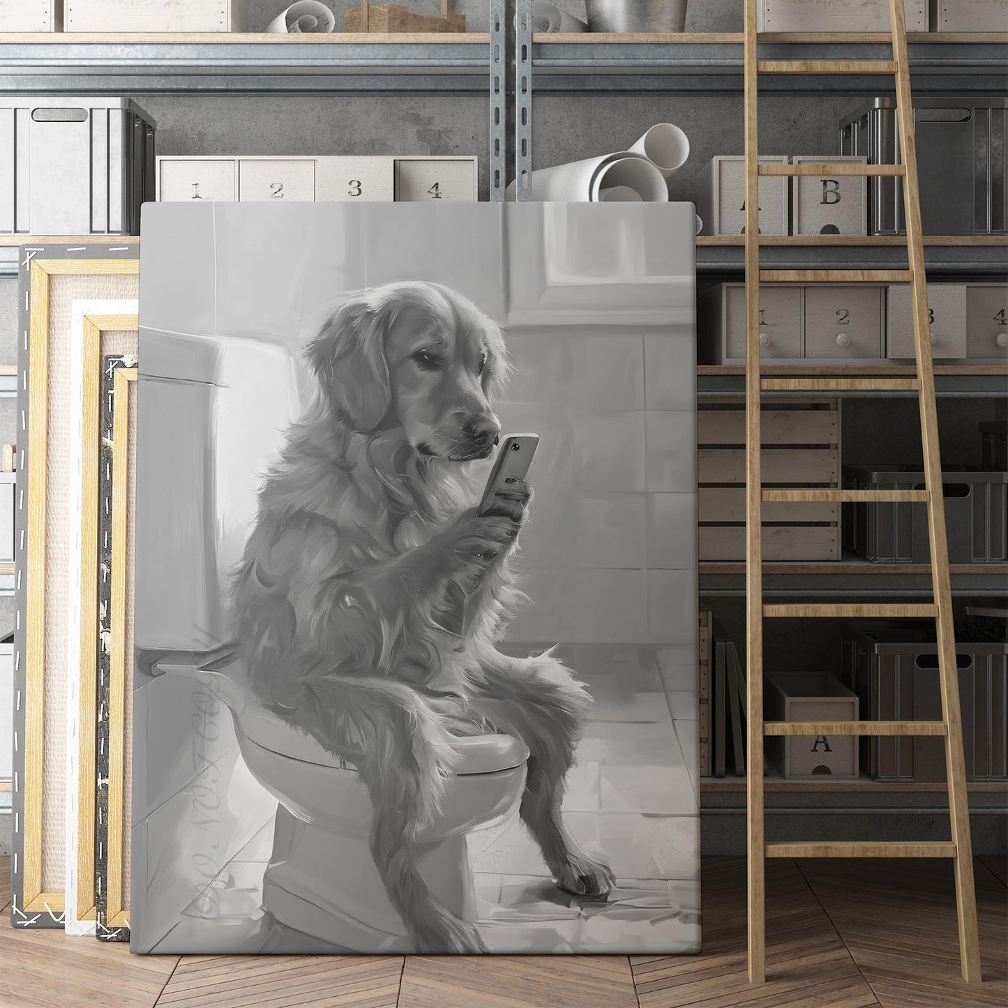 Golden Retriever On The Toilet On The Phone