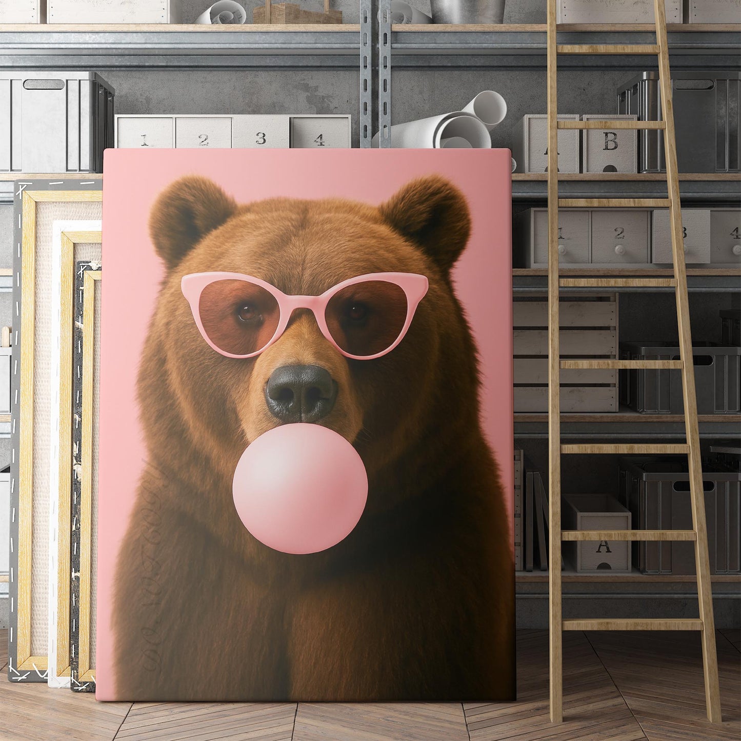 Brown Bear With Sunglasses Blowing Pink Bubble Gum