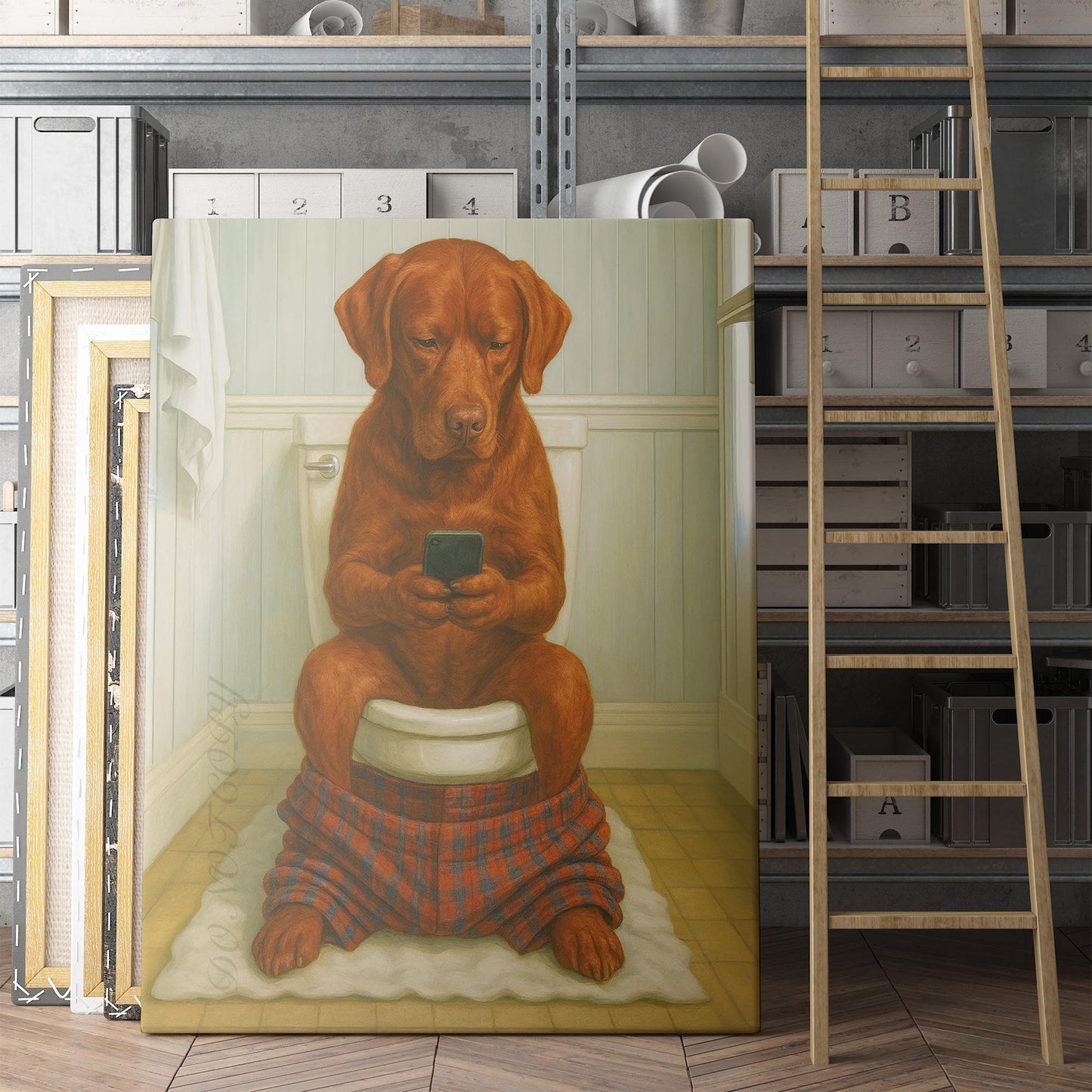 Red Labrador Retriever Dog On The Phone On The Toilet