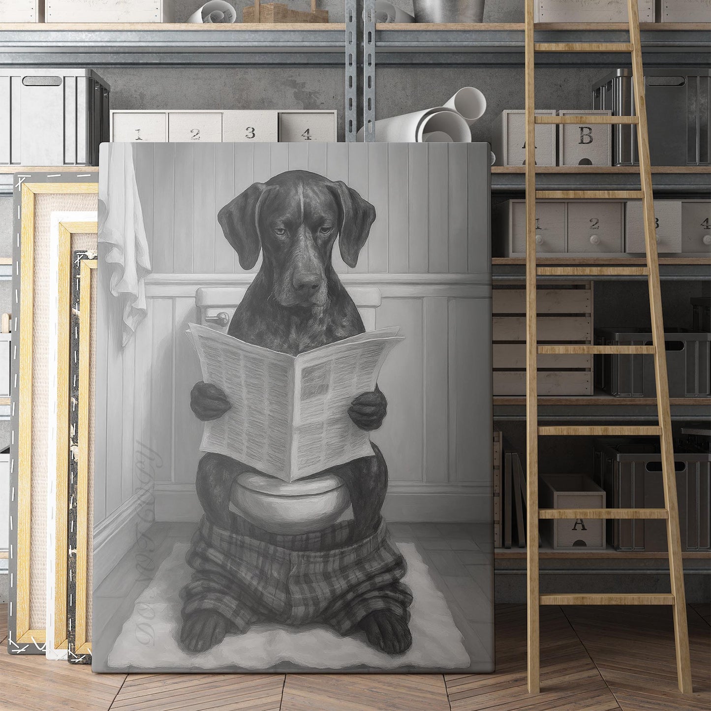 German Shorthaired Pointer Dog Reading The Newspaper On The Toilet
