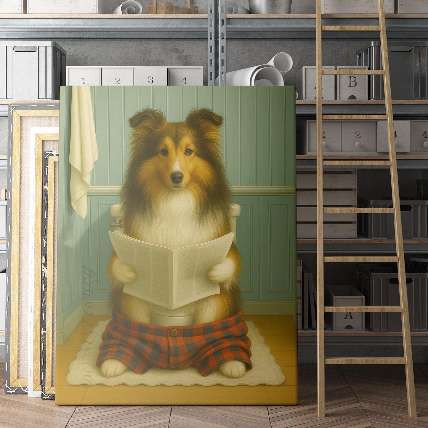 Shetland Sheepdog Reading The Newspaper On The Toilet