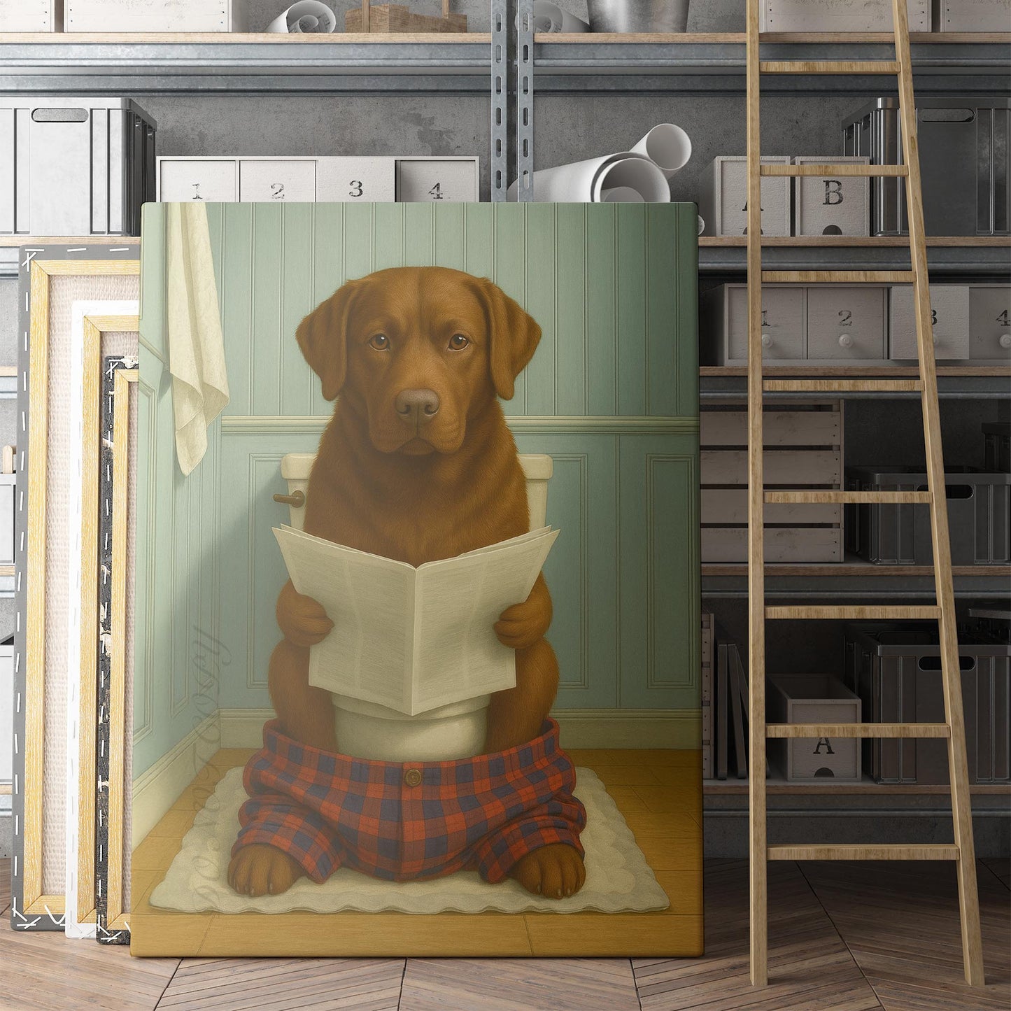 Chocolate Labrador Retriever Dog Reading The Newspaper On The Toilet