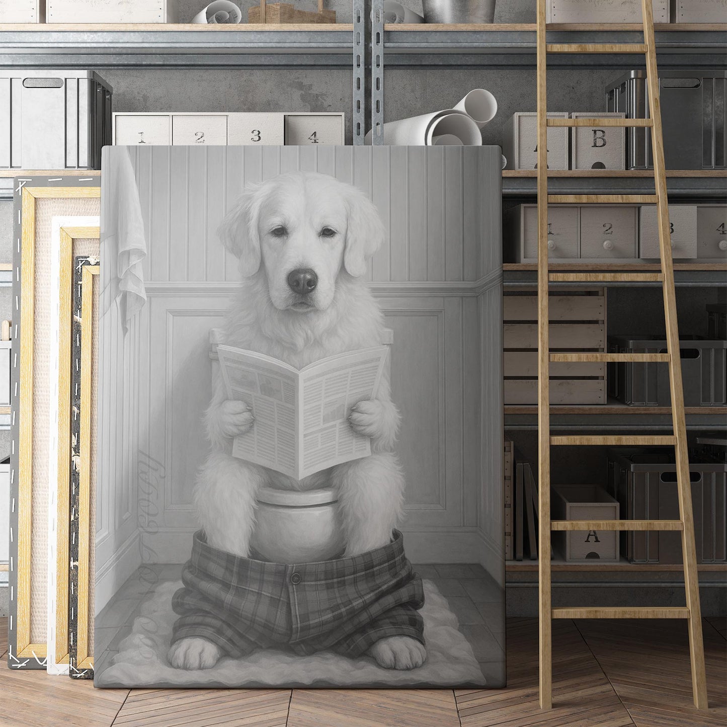 English Cream Golden Retriever Reading The Newspaper On The Toilet