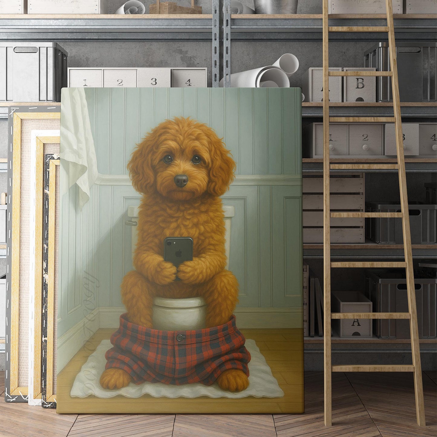 Cavapoo Dog On The Phone On The Toilet